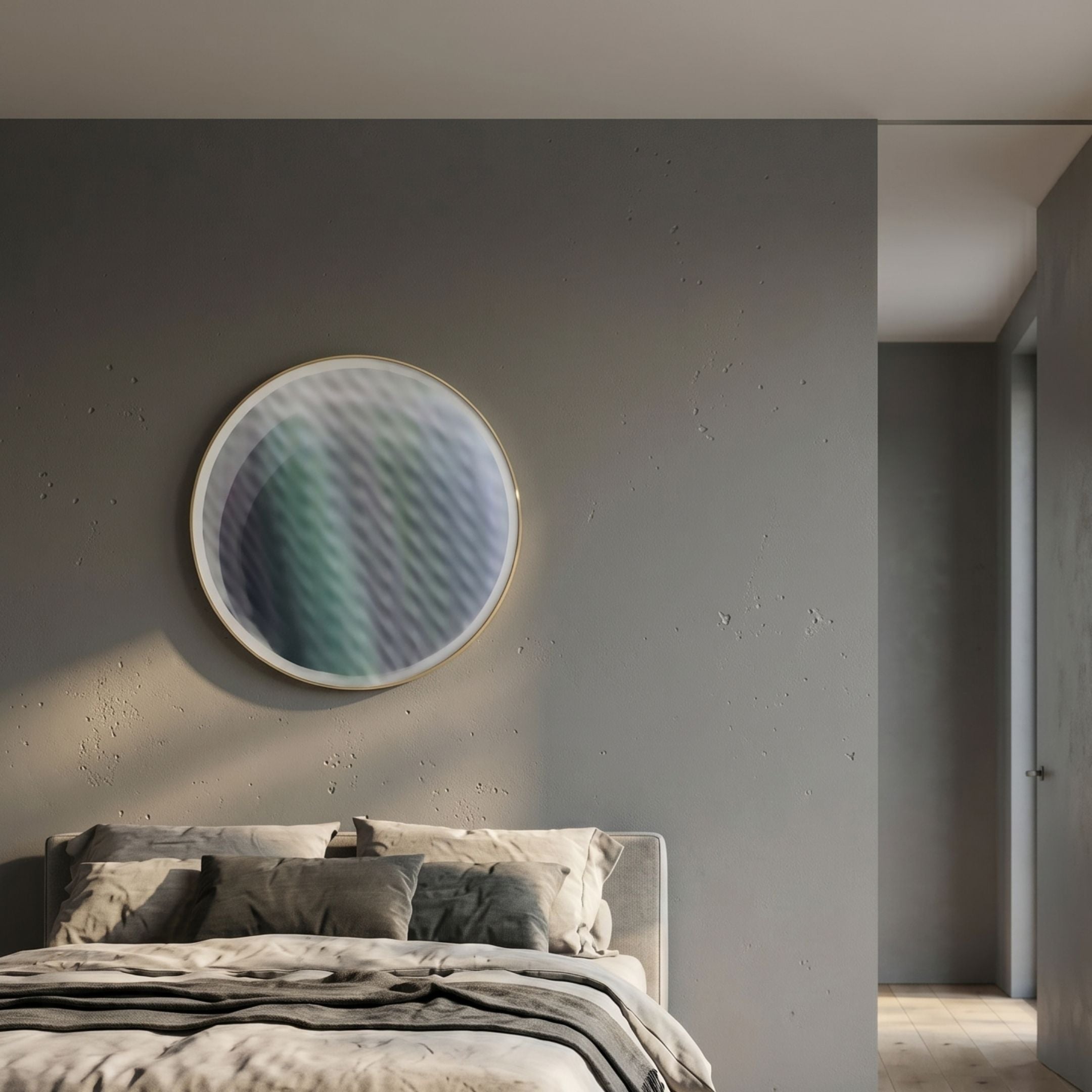Orbiven Monochrome & Teal Gradient Acrylic 3D Wall Art by Giant Sculptures, circular ridged piece in a slim gold frame, mounted above a grey bed.
