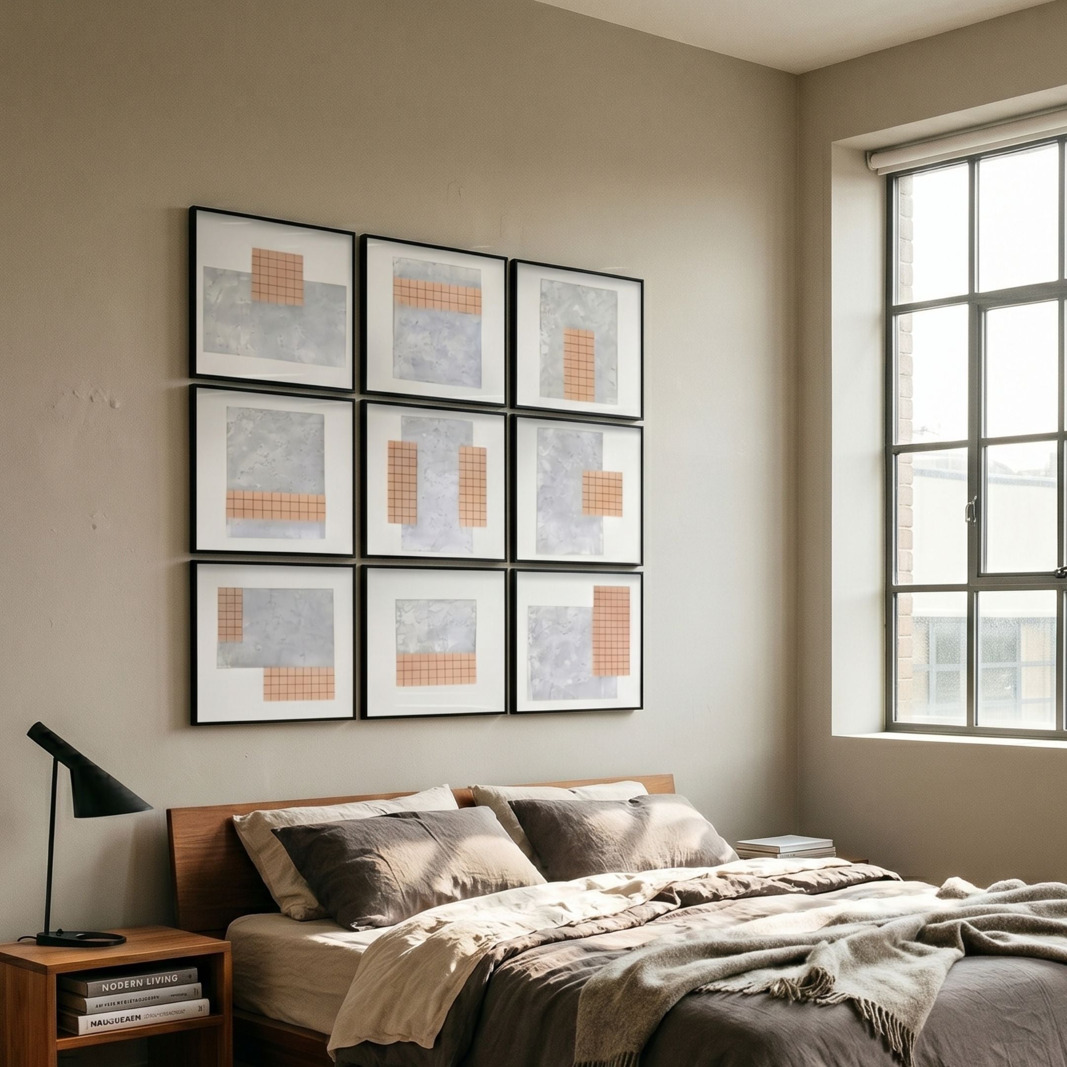 Terracube 9-Set Hand-Painted Framed Acrylic 3D Wall Art by Giant Sculptures arranged in a 3x3 grid above a wooden bed in a modern bedroom.