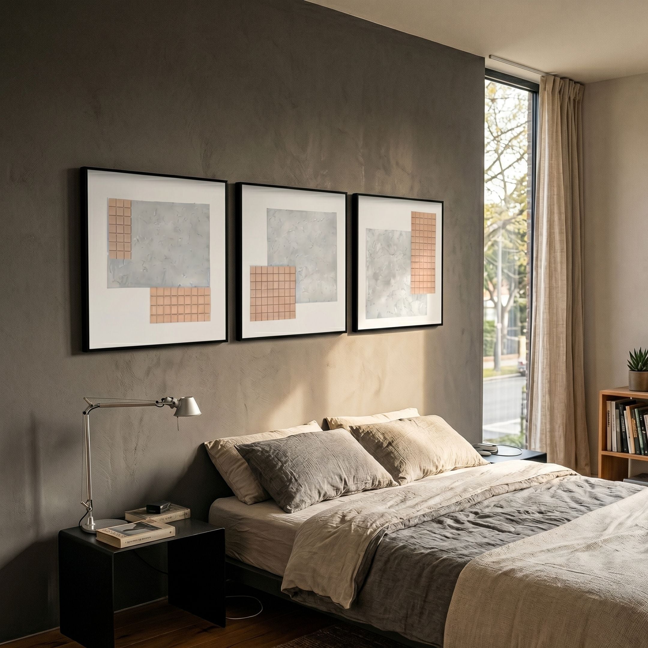 Terracube 3-Set Hand-Painted Framed Acrylic 3D Wall Art by Giant Sculptures displayed above a bed with grey linen bedding, beside a black nightstand and window.