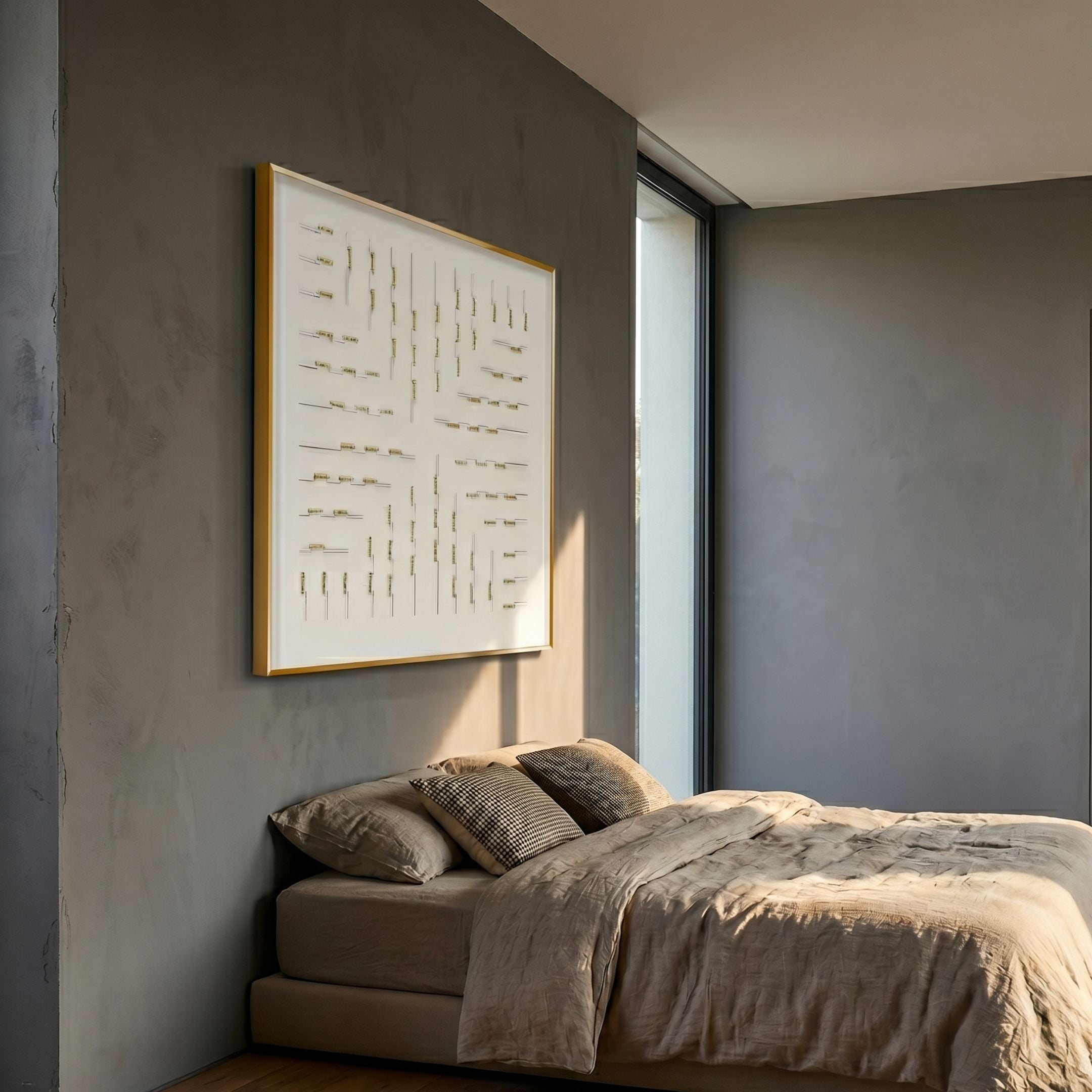 Linquora Grid Lines Gold Foil Acrylic 3D Wall Art by Giant Sculptures displayed above a linen-dressed bed in a grey-walled bedroom beside a tall window.