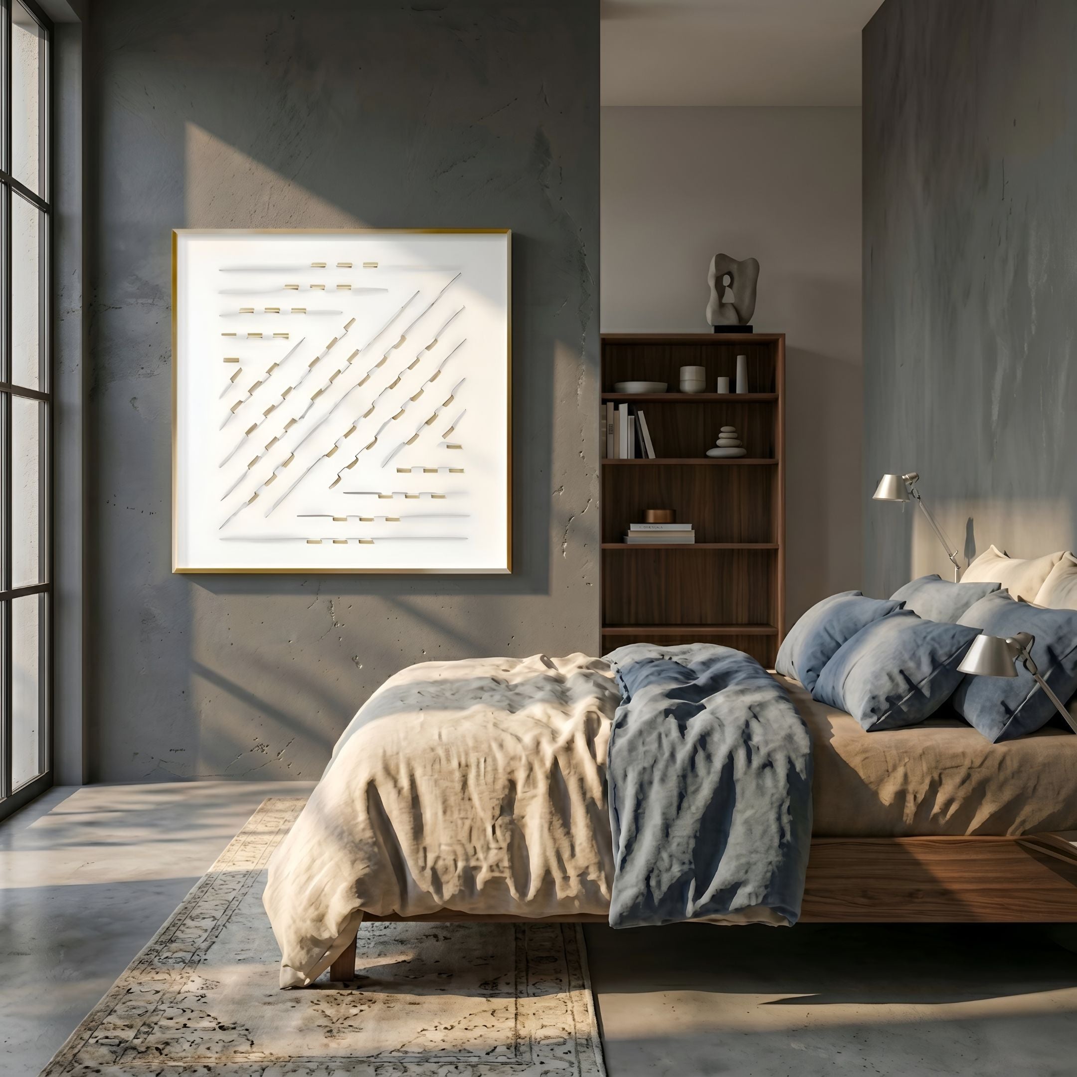 Linquora Diagonal Pattern Gold Foil Acrylic 3D Wall Art mounted on a grey concrete bedroom wall above a linen bed with blue cushions and walnut shelving.