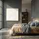 Linquora Diagonal Pattern Gold Foil Acrylic 3D Wall Art mounted on a grey concrete bedroom wall above a linen bed with blue cushions and walnut shelving.