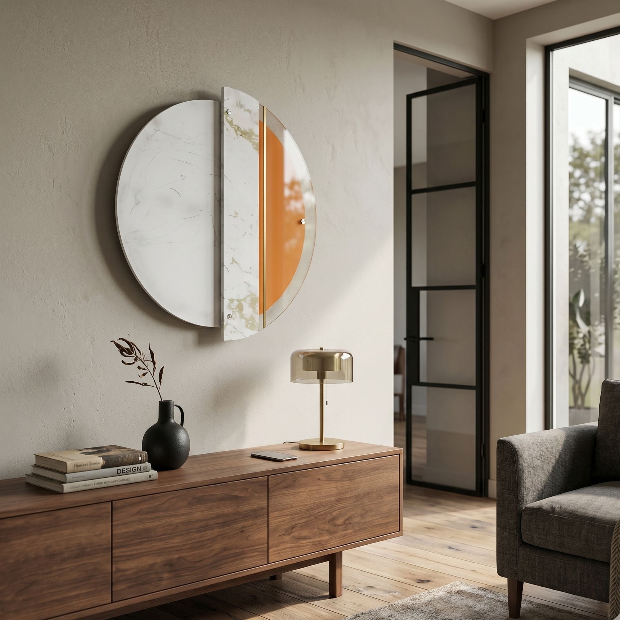 Meridra Orange Crescent & White Marble Circular 3D Wall Art by Giant Sculptures displayed above a walnut sideboard with brass lamp and black vase in a modern living room.