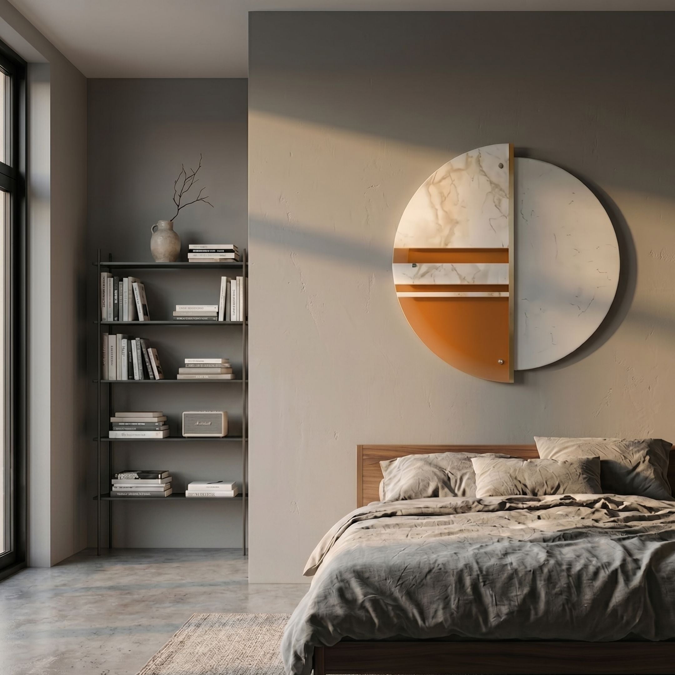 Meridra Ochre Stripe & Cream Marble Circular 3D Wall Art by Giant Sculptures mounted above a wooden bed with linen bedding, beside a black bookshelf.