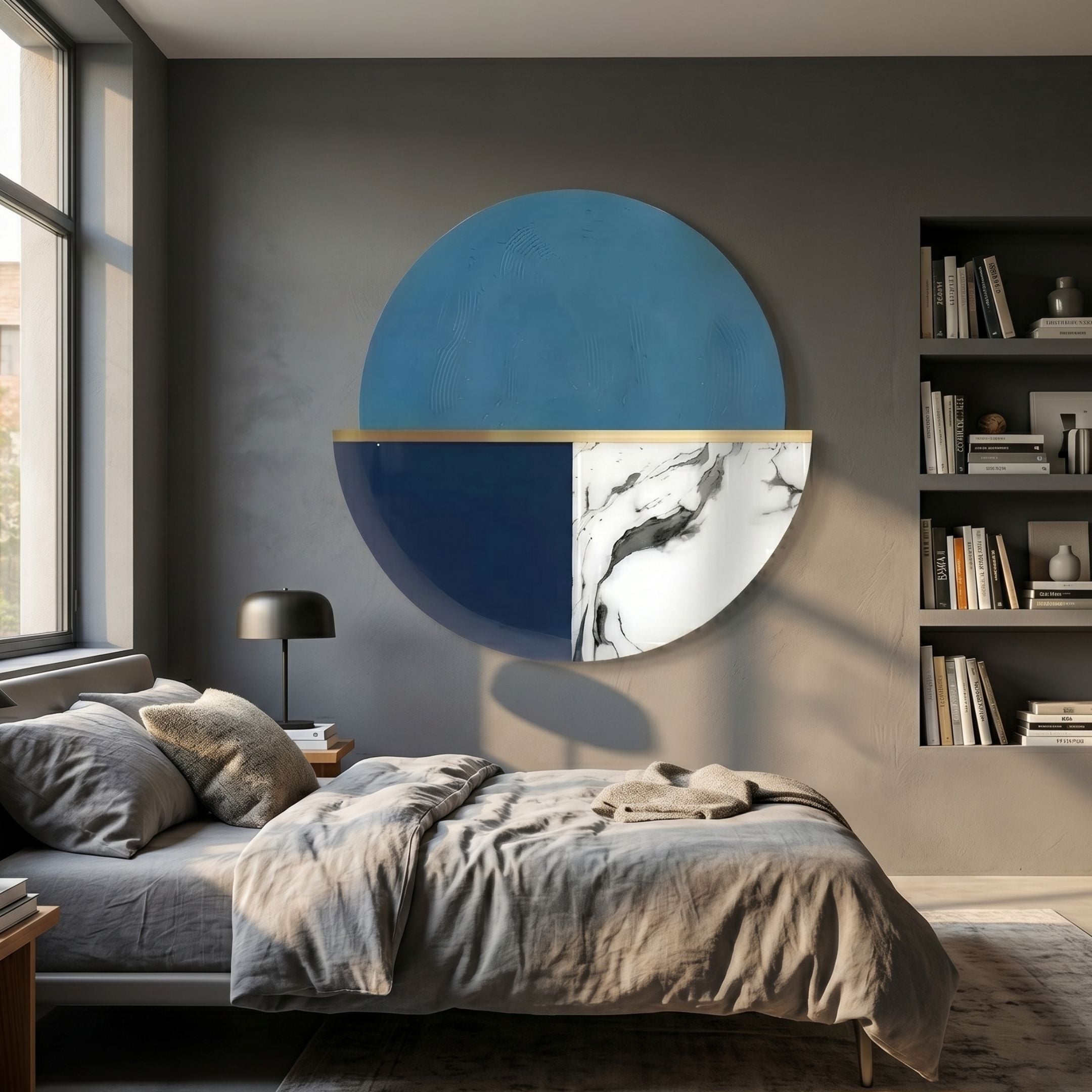 Meridra Blue & Marble Segment Circular 3D Wall Art mounted above a grey linen bed, featuring a textured blue upper half, navy and marbled lower half divided by a gold line.