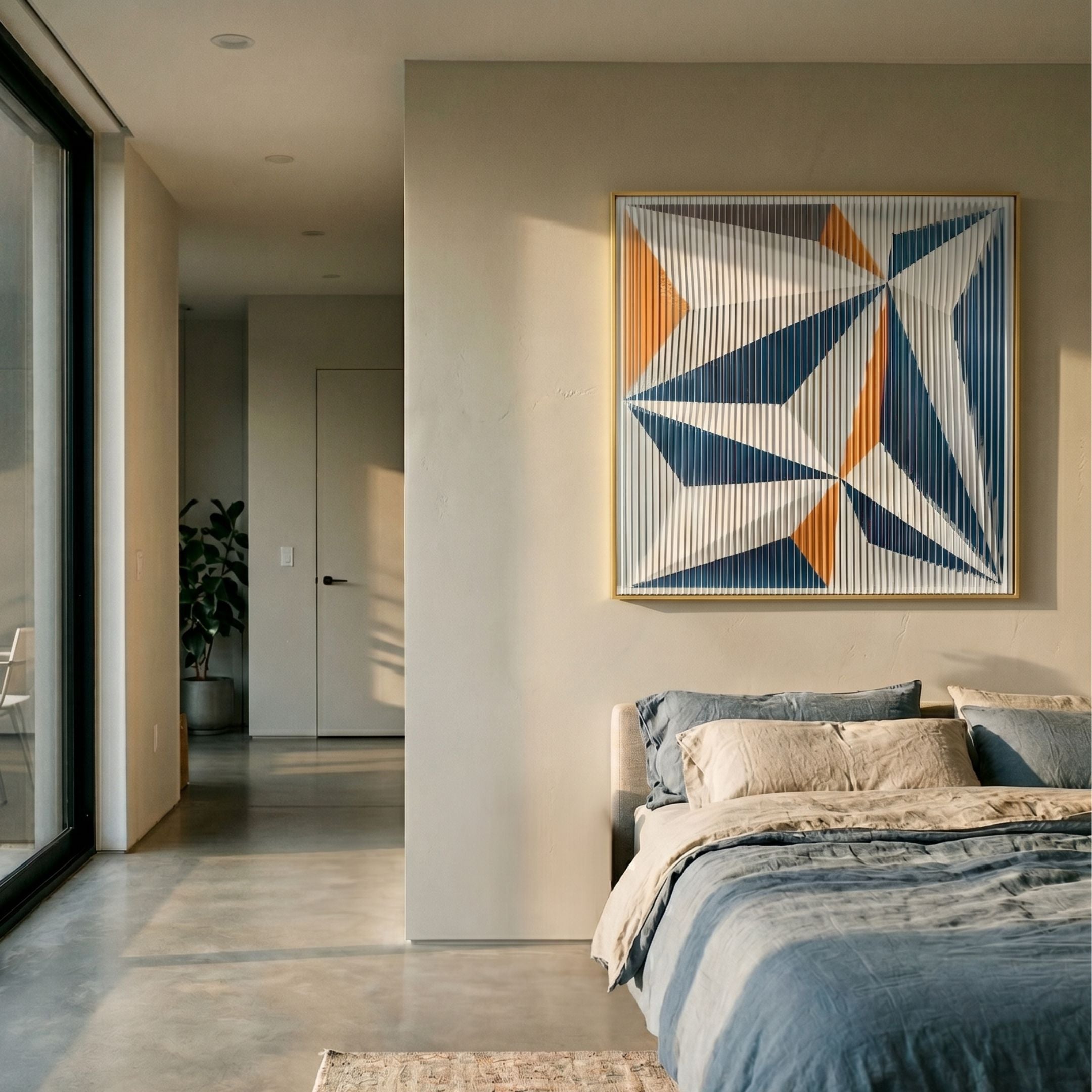 Valtrix Multicolour Geometric Stripe Acrylic 3D Wall Art with blue, orange, and white triangles behind vertical ribs in a gold frame, above a bed.