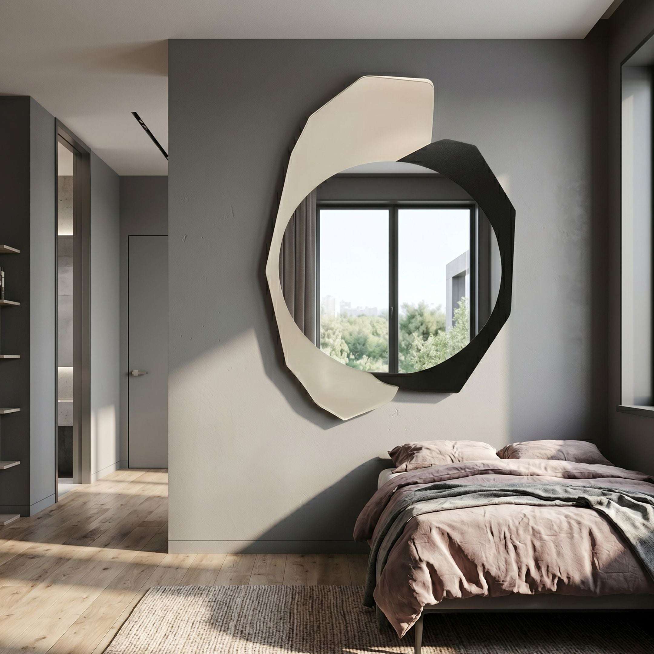 Ravira Ivory & Black Sculptural Acrylic Mirror 3D Wall Art by Giant Sculptures displayed on a grey bedroom wall above a bed with mauve linens.