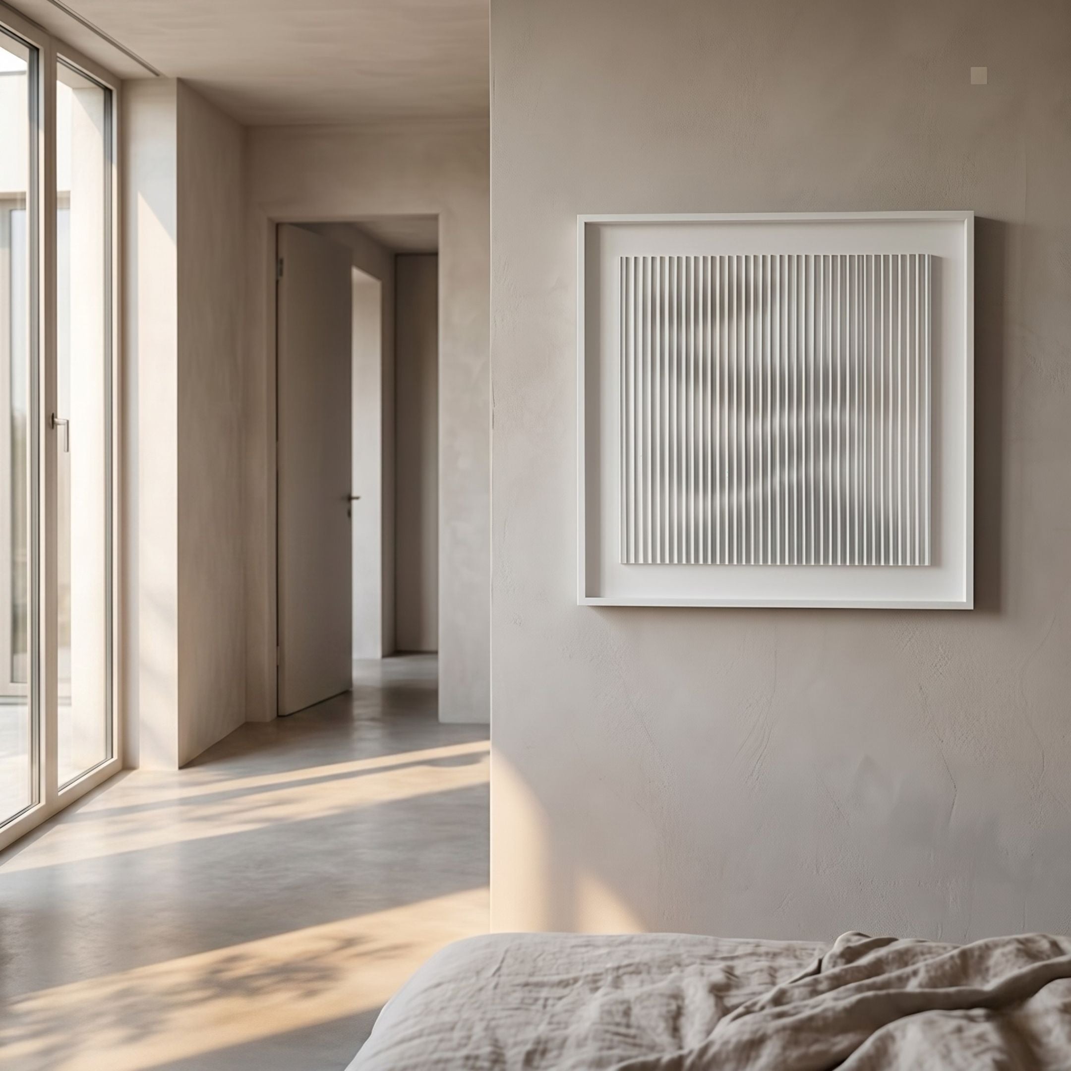 Linscend Silver Ripple Slatted Acrylic 3D Wall Art by Giant Sculptures mounted on a beige wall in a sunlit minimalist bedroom with a linen bed and hallway view.