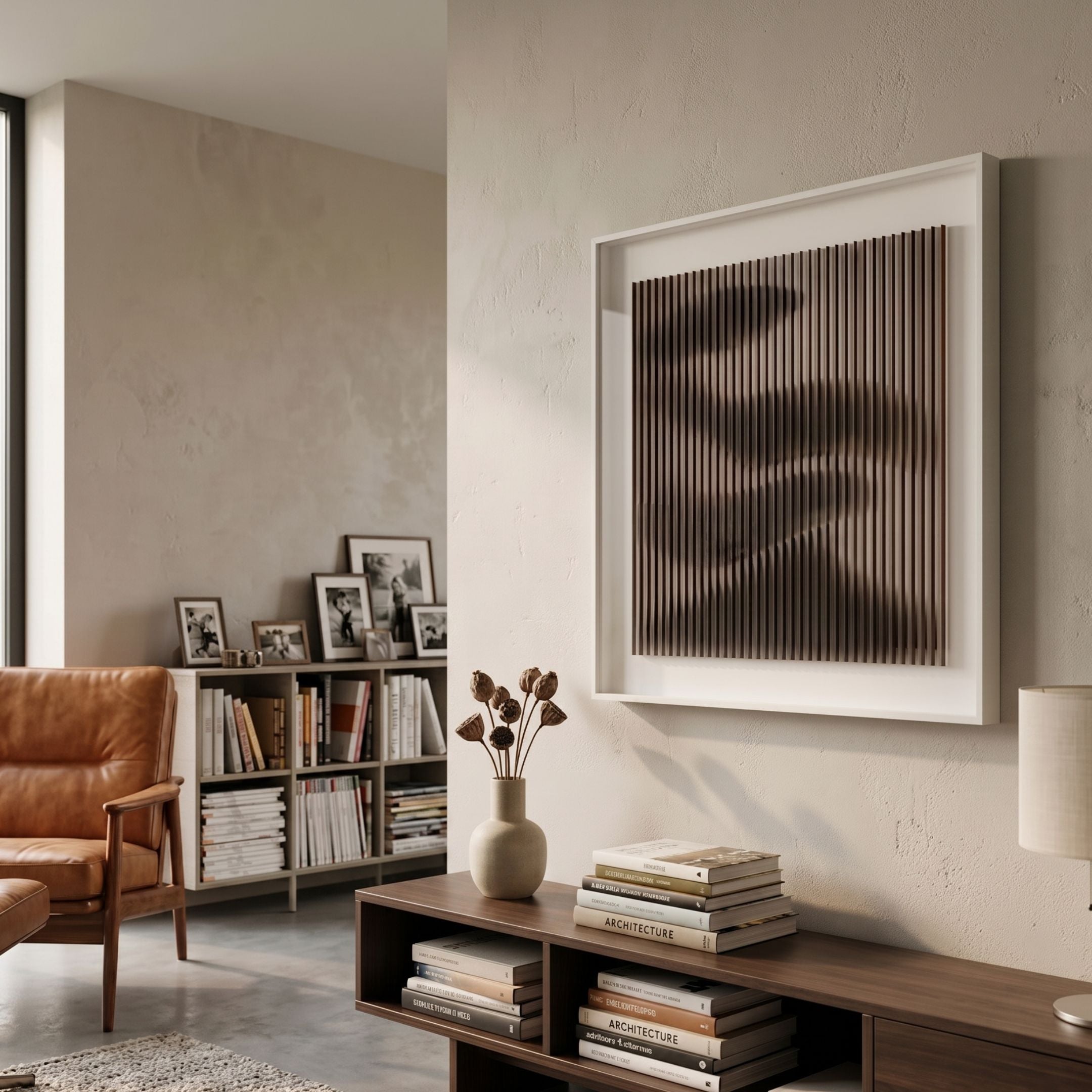 Linscend Brown Ripple Slatted Acrylic 3D Wall Art by Giant Sculptures displayed above a dark wood console in a neutral living room with leather armchair and bookshelf.