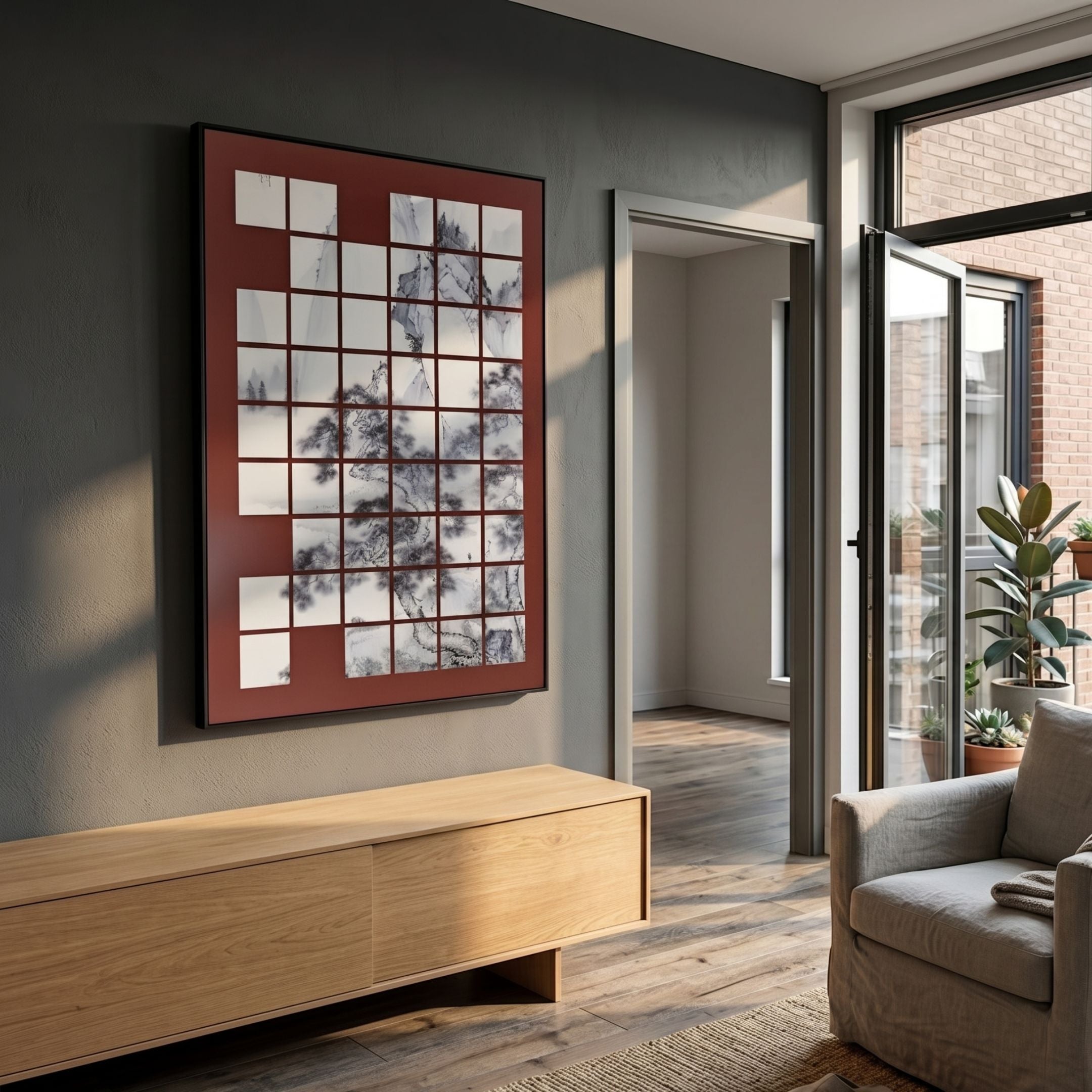 Kanshiro Burgundy Panelled Landscape Acrylic 3D Wall Art by Giant Sculptures displayed in a modern living room above a light oak sideboard near a balcony door.