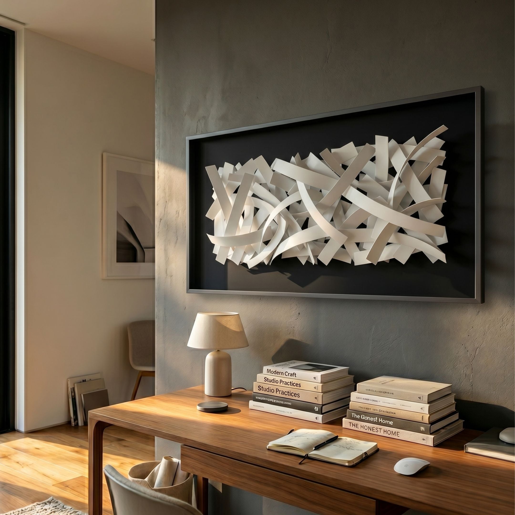 Stravira Black II Sculptural White Metal 3D Wall Art by Giant Sculptures displayed above a wooden desk with books and a lamp in a modern office.