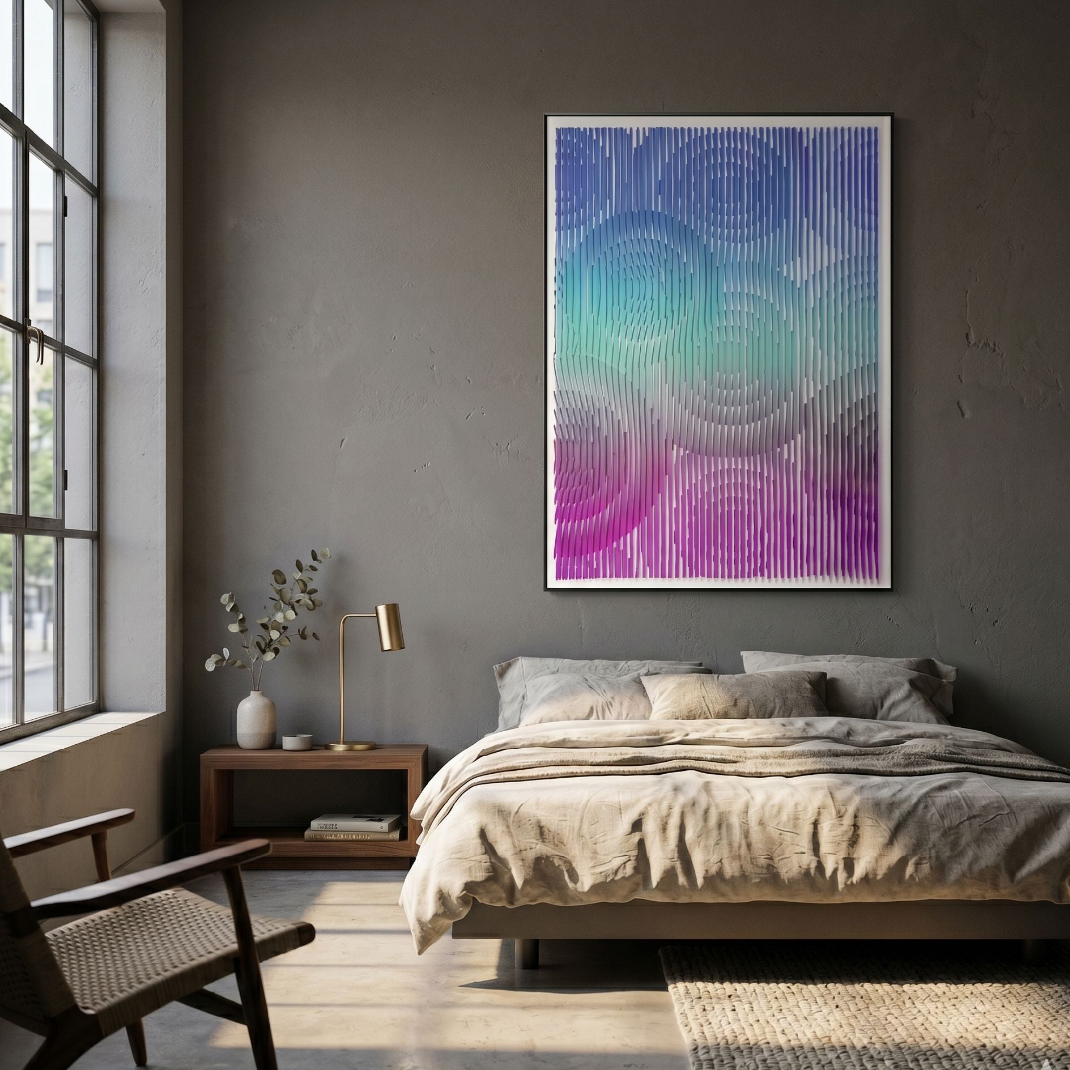 Cirvesta Blue Gradient Ripple Acrylic 3D Wall Art with vertical slats in blue, aqua, and violet, displayed above a linen bed in a grey loft bedroom.