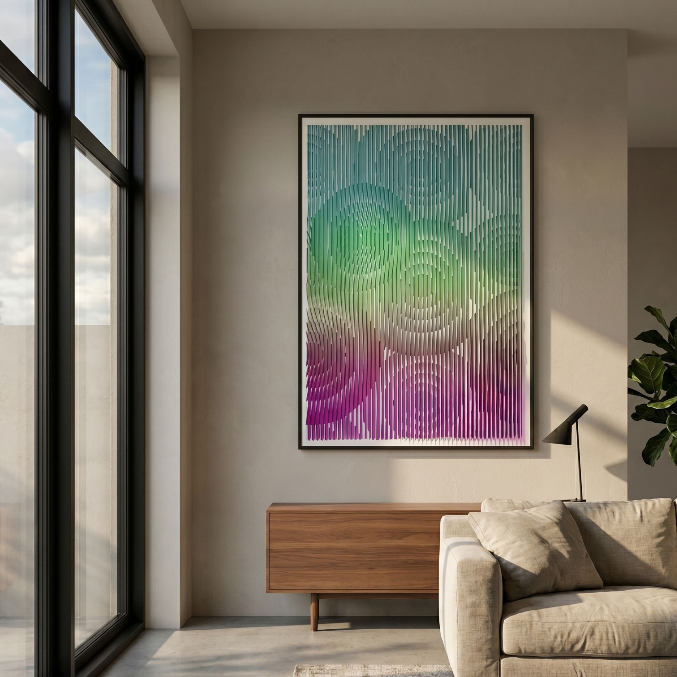 Cirvesta Green Gradient Ripple Acrylic 3D Wall Art displayed above a walnut sideboard in a sunlit living room, its emerald-to-lilac vertical ridges framed in black.