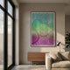 Cirvesta Green Gradient Ripple Acrylic 3D Wall Art displayed above a walnut sideboard in a sunlit living room, its emerald-to-lilac vertical ridges framed in black.