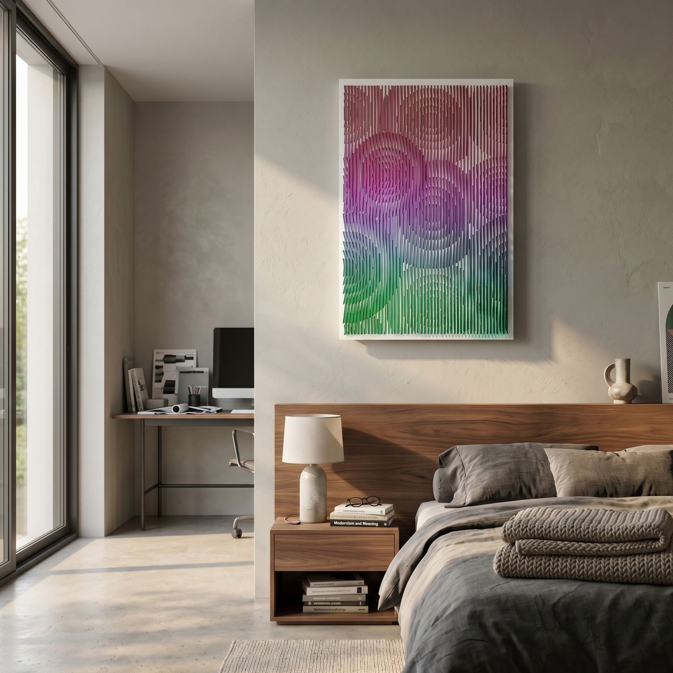 Cirvesta Rose Gradient Ripple Acrylic 3D Wall Art by Giant Sculptures, displayed above a walnut nightstand in a modern bedroom with grey linens and a desk nook.
