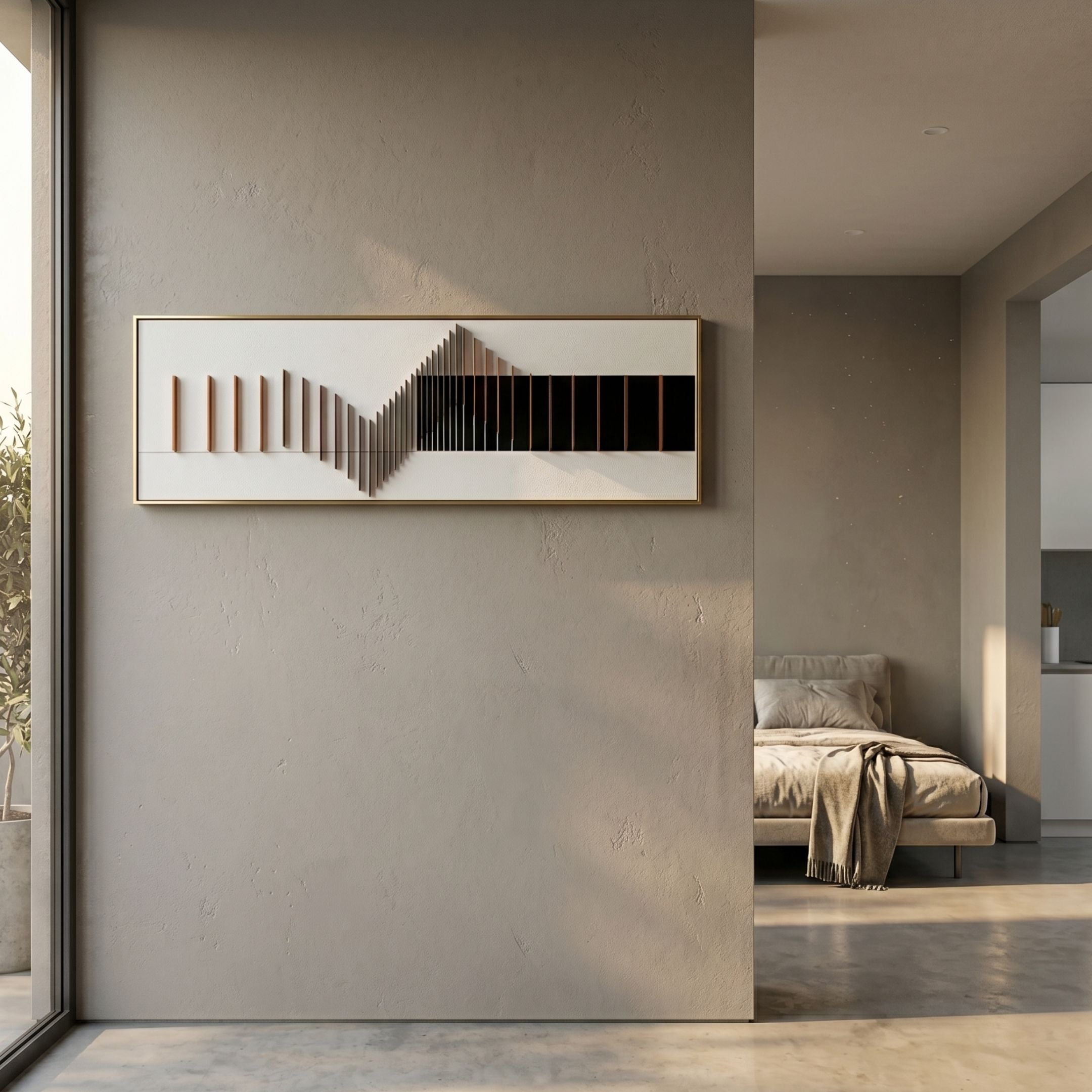 Oscavue II White & Black Ripple Acrylic 3D Wall Art by Giant Sculptures, mounted on a textured beige wall in a modern interior beside a bedroom alcove.