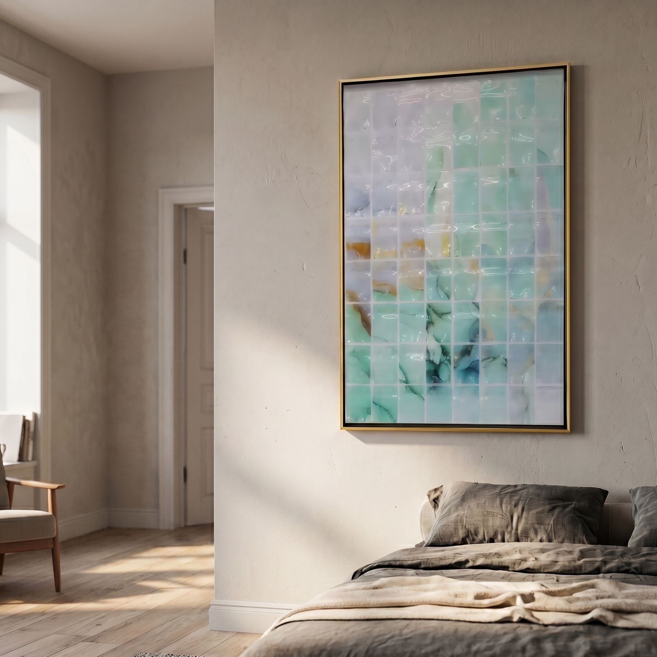 Clarique Green & Amber Vein Grid Acrylic 3D Wall Art in a gold frame, displayed on a cream wall above a linen bed in a sunlit neutral bedroom.