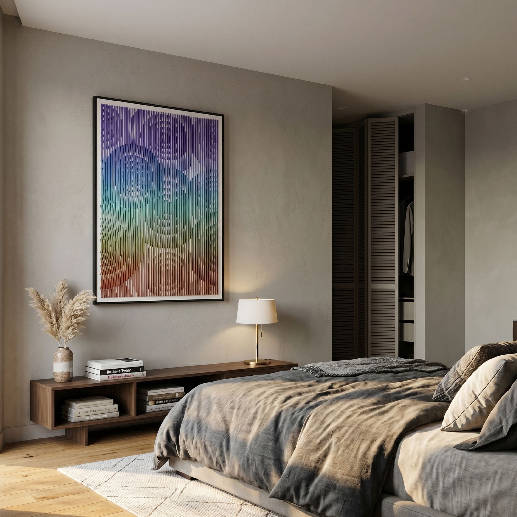 Cirvesta Prism Gradient Ripple Acrylic 3D Wall Art in purple, blue, green and copper tones displayed above a wooden console in a modern bedroom.
