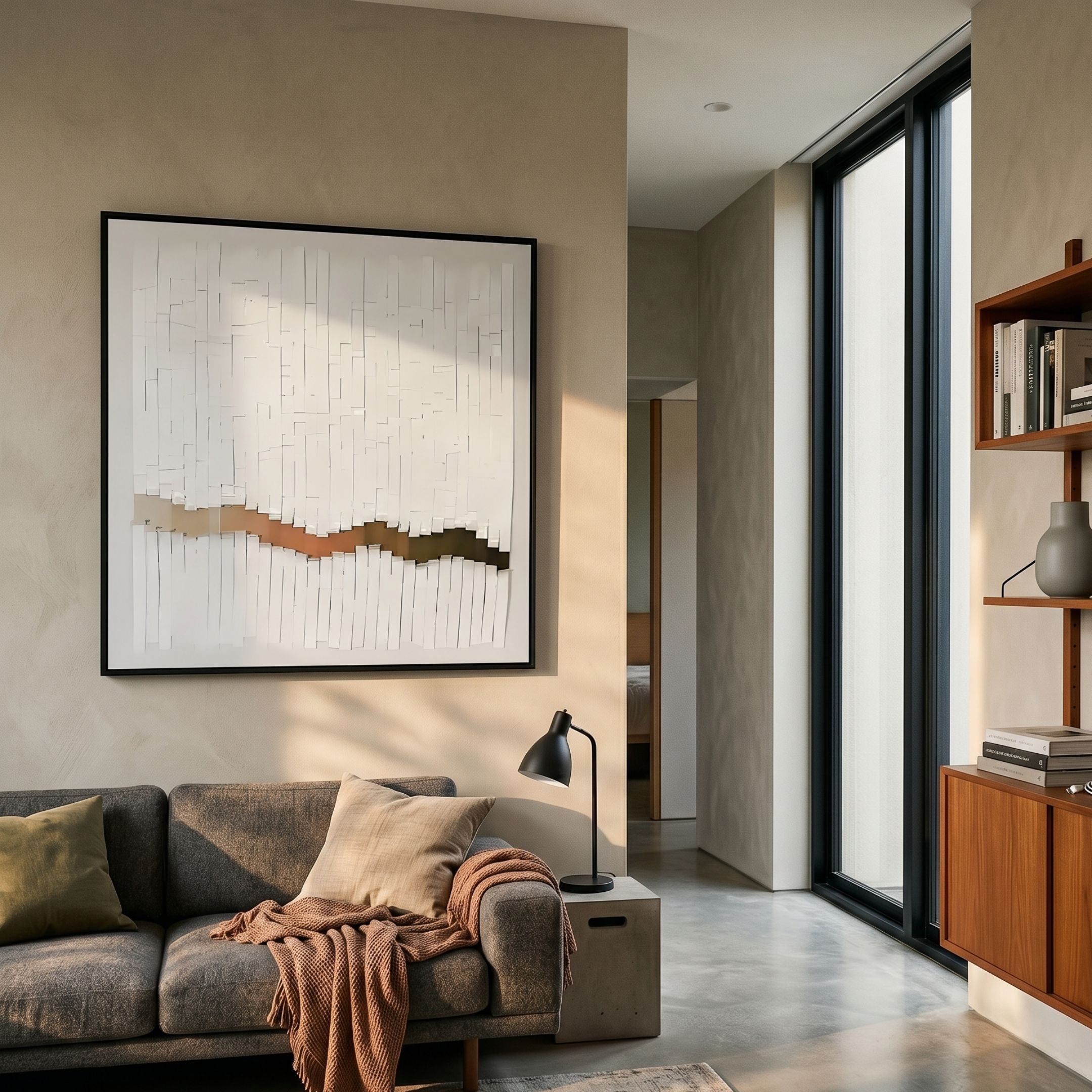 Tressala Bronze Crest Layered Acrylic Square 3D Wall Art mounted above a grey sofa in a modern living room with concrete floor and timber shelving.