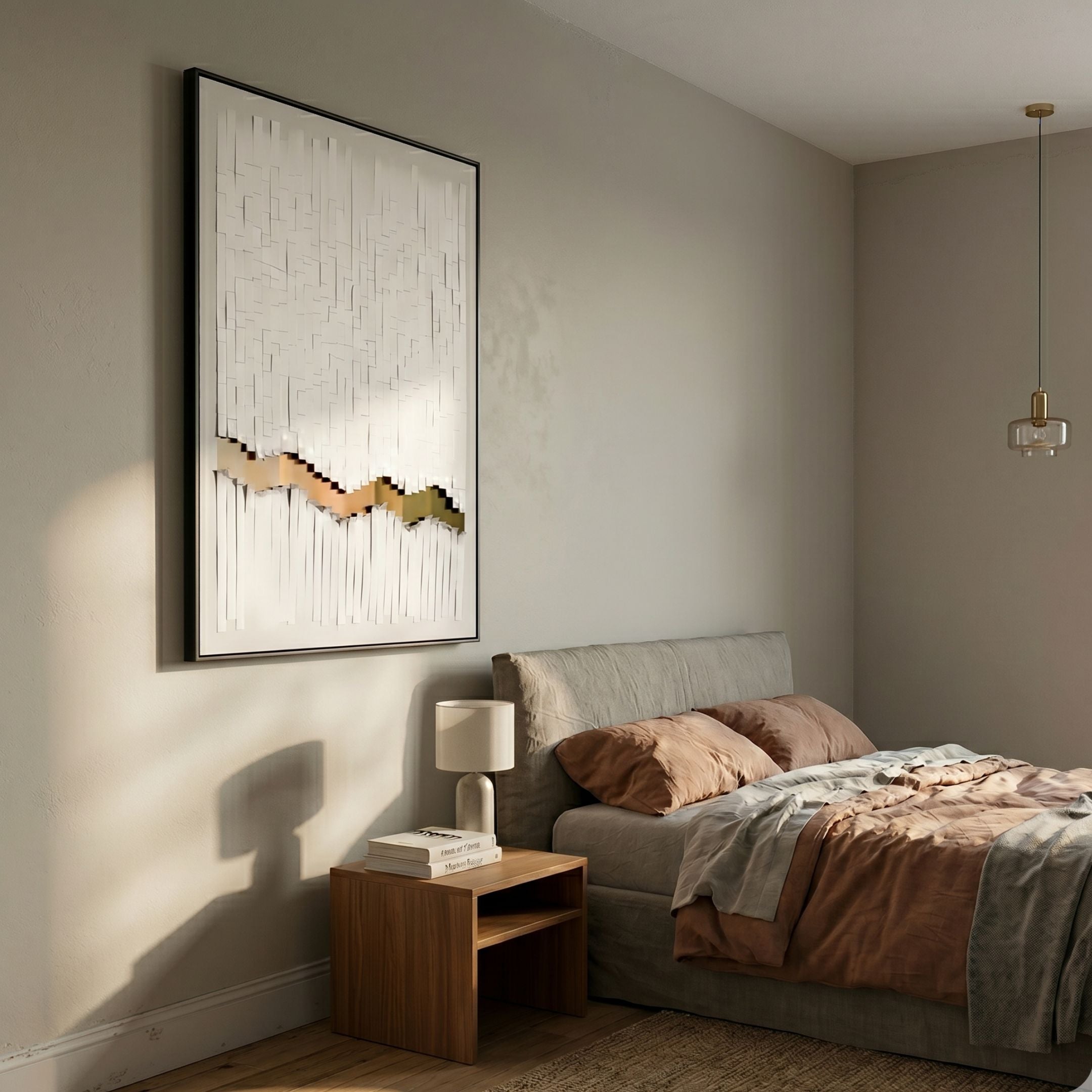 Tressala Bronze Crest Layered Acrylic 3D Wall Art by Giant Sculptures, mounted above a wooden nightstand beside a grey upholstered bed with terracotta bedding.