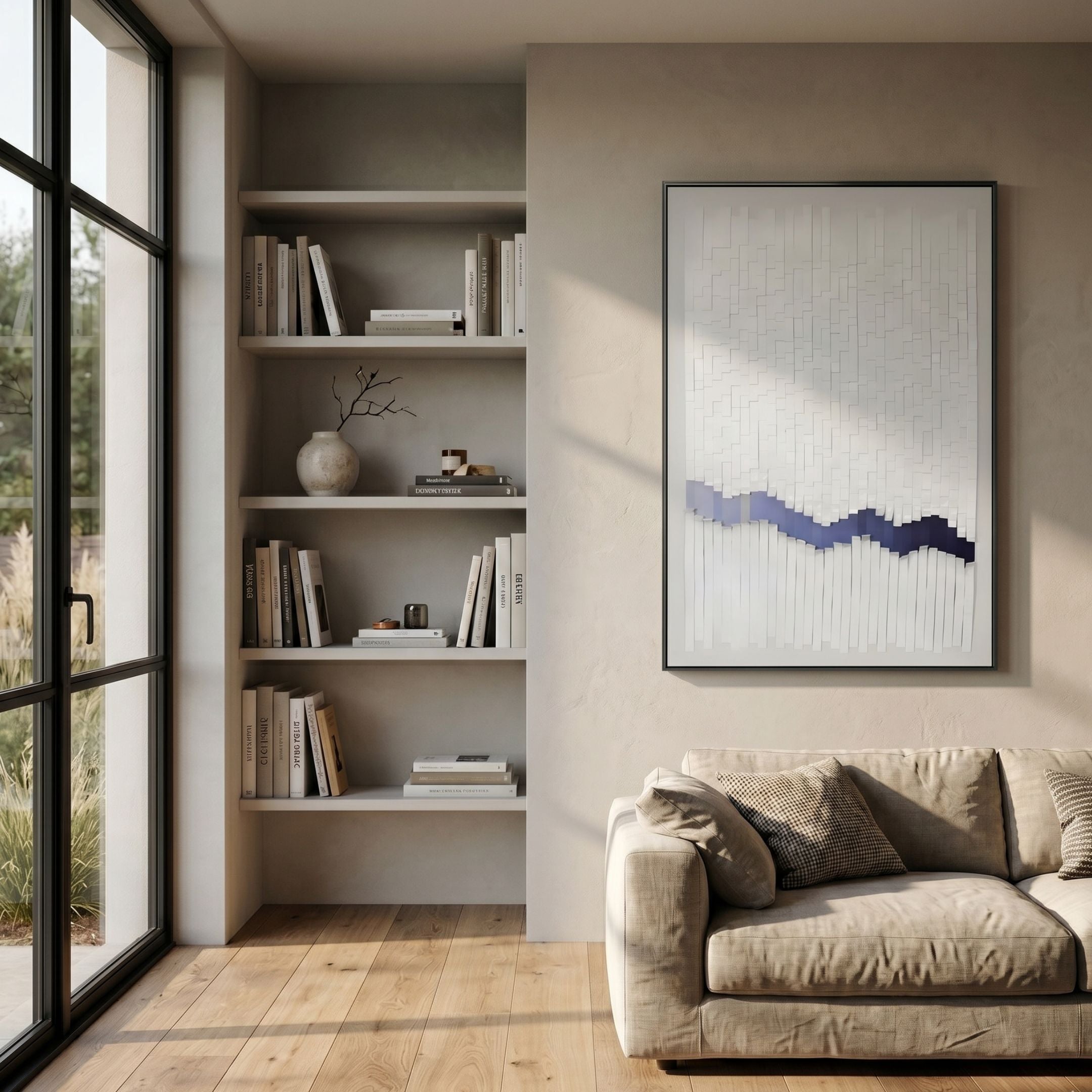 Tressala Indigo Wave Layered Acrylic 3D Wall Art mounted on a beige wall above a linen sofa, beside a built-in bookshelf in a sunlit living room.