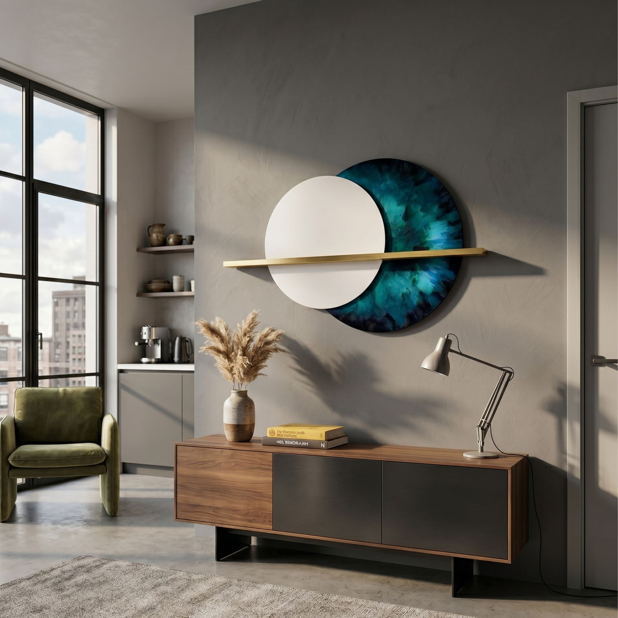 Caldris Emerald II Crystal Porcelain & Gold Strip 3D Wall Art by Giant Sculptures mounted above a walnut sideboard in a modern loft with green armchair.