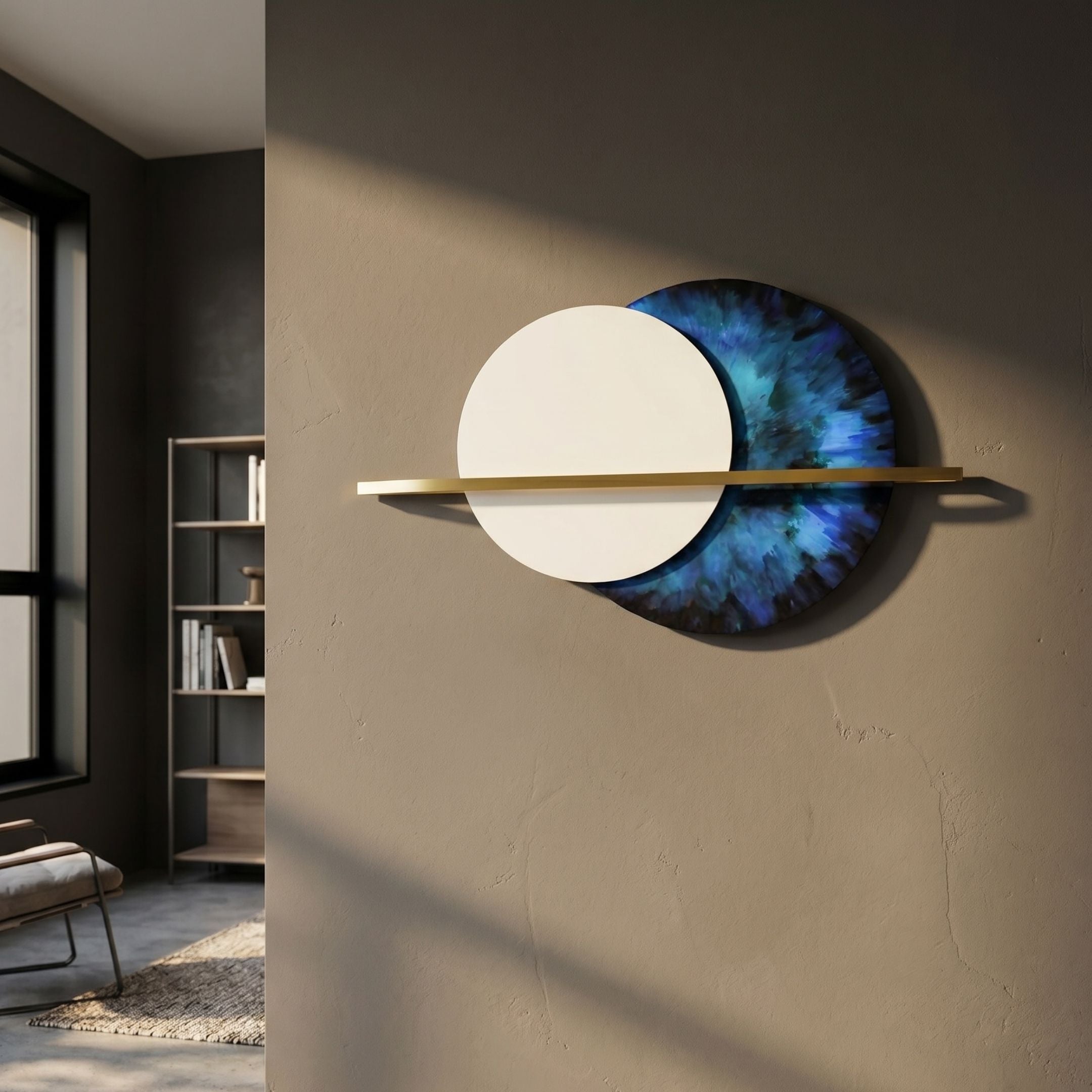 Caldris Cobalt Blue II Crystal Porcelain & Gold Strip 3D Wall Art mounted on a taupe wall, pairing a cream disc and cobalt blue disc crossed by a gold strip.