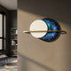 Caldris Cobalt Blue II Crystal Porcelain & Gold Strip 3D Wall Art mounted on a taupe wall, pairing a cream disc and cobalt blue disc crossed by a gold strip.