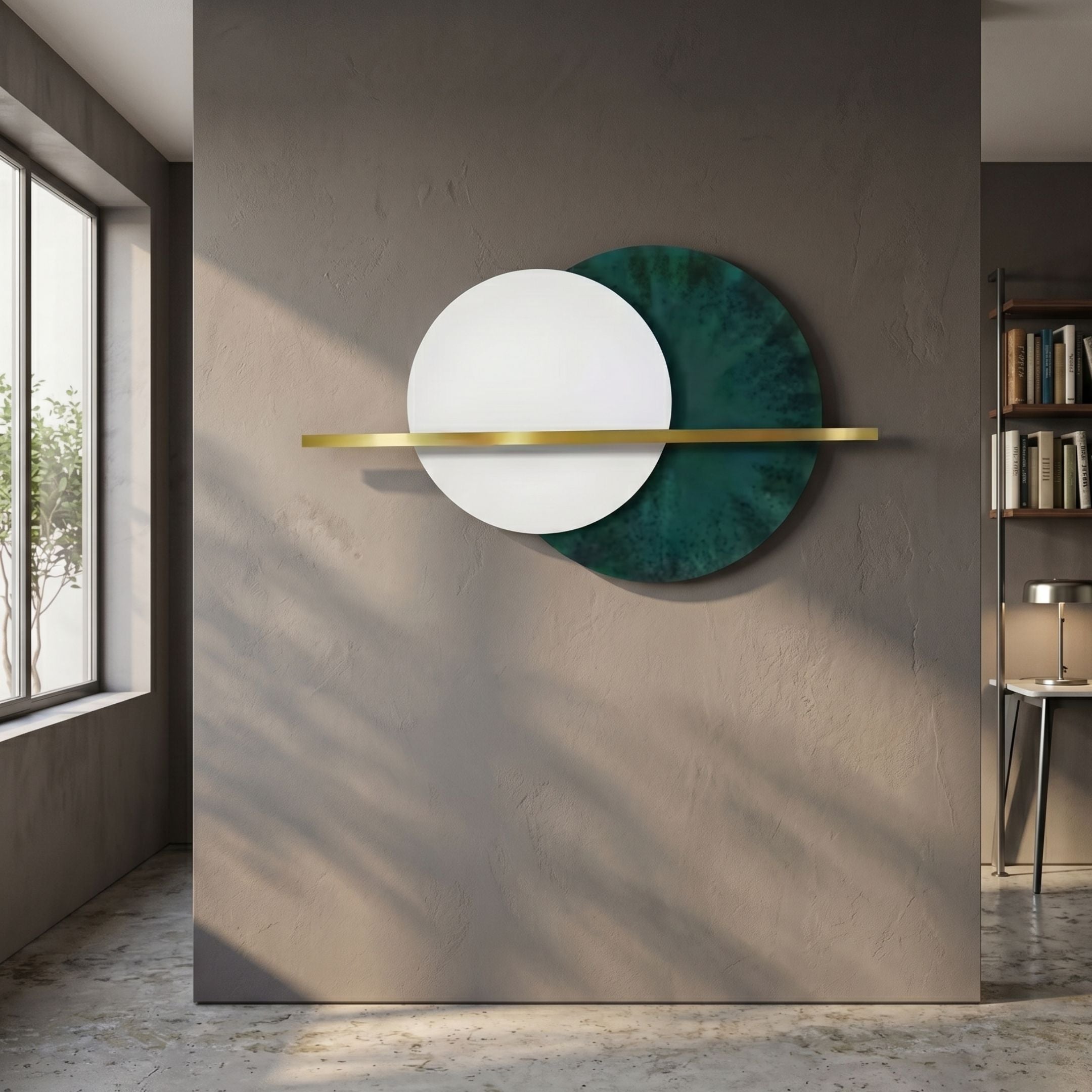 Caldris Deep Teal II Crystal Porcelain & Gold Strip 3D Wall Art mounted on a grey textured wall, featuring overlapping white and teal discs crossed by a gold bar.