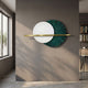 Caldris Deep Teal II Crystal Porcelain & Gold Strip 3D Wall Art mounted on a grey textured wall, featuring overlapping white and teal discs crossed by a gold bar.