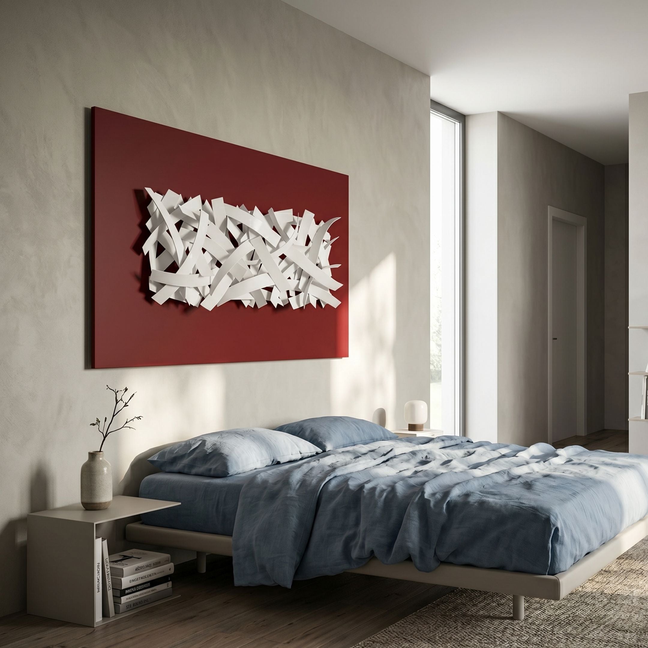 Stravira Red & Sculptural White Metal 3D Wall Art by Giant Sculptures, mounted above a low bed with blue linens in a modern bedroom with pale walls.
