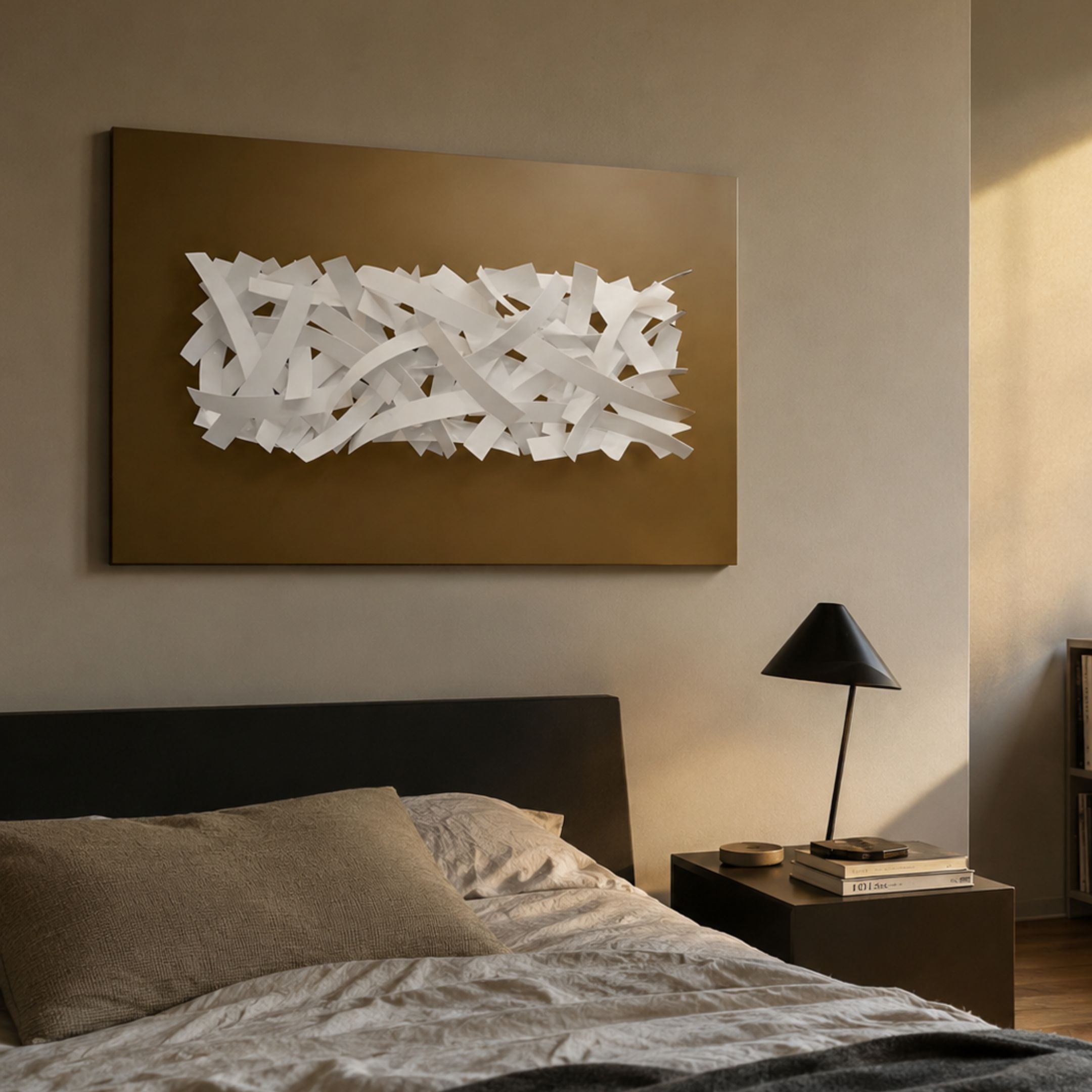 Stravira Copper I Sculptural White Metal 3D Wall Art by Giant Sculptures displayed above a dark bed with a black lamp on the nightstand in a warmly lit bedroom.