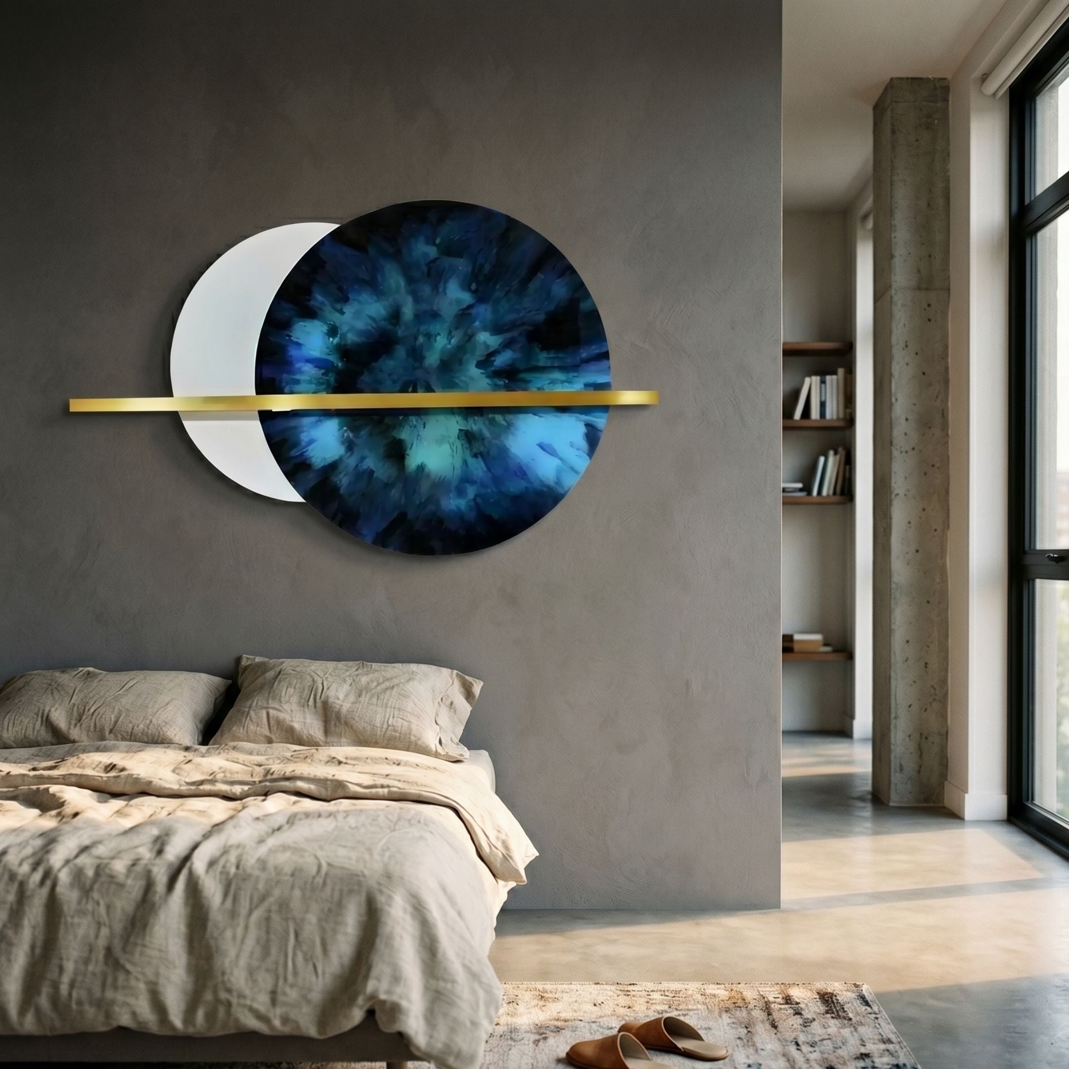 Caldris Cobalt Blue I Crystal Porcelain & Gold Strip 3D Wall Art mounted above a linen-dressed bed, pairing a cobalt circle, white semicircle, and gold bar.
