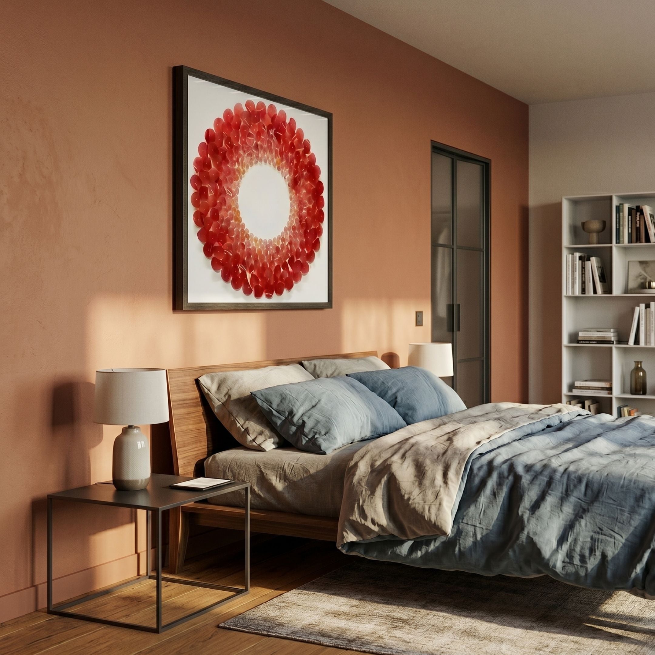 Maravue Ruby Red Petal Cluster Acrylic 3D Wall Art by Giant Sculptures displayed above a wooden bed with blue linens in a warm terracotta bedroom.