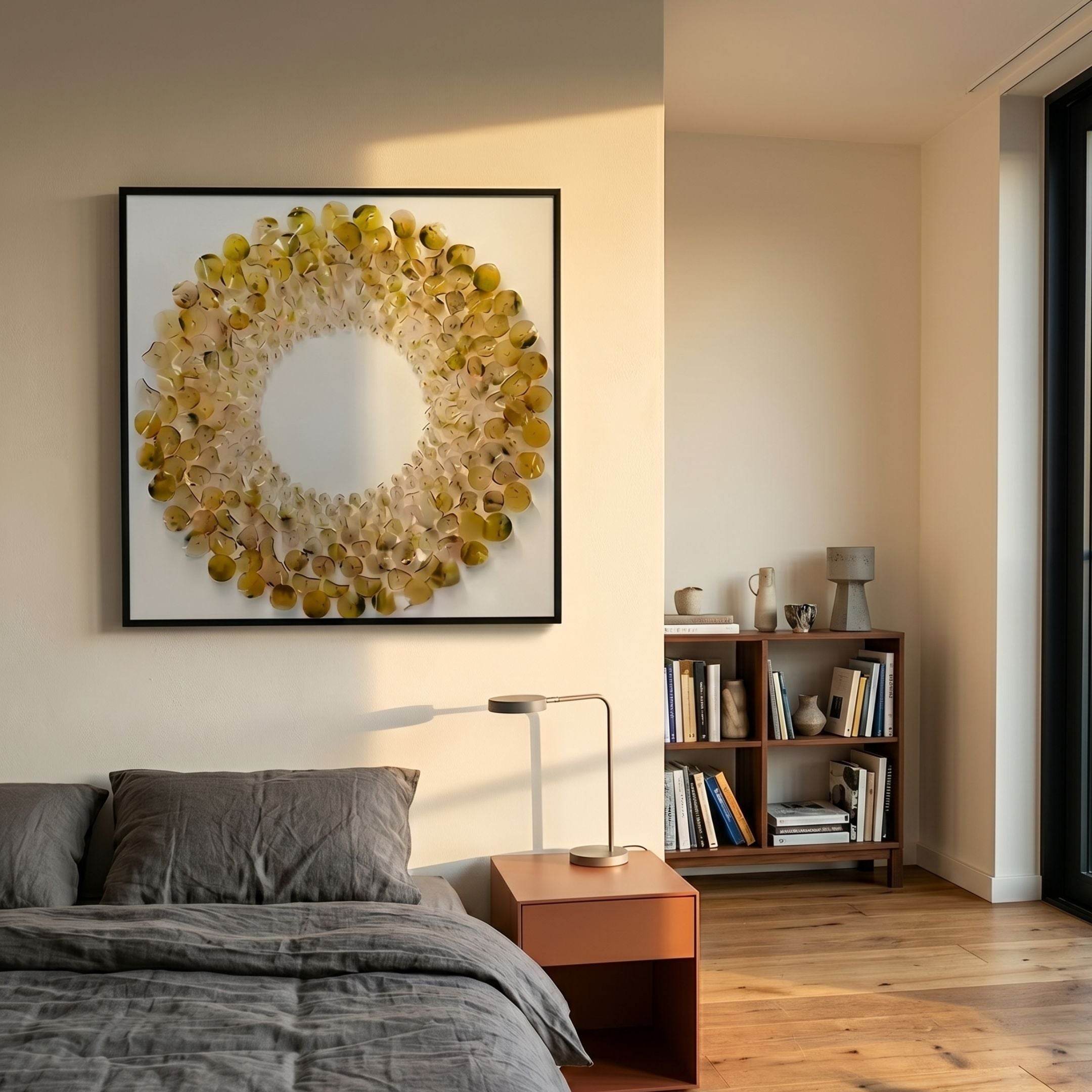 Maravue Warm Gold Petal Cluster Acrylic 3D Wall Art in a square black frame above a terracotta nightstand, beside a bed and wooden bookshelf.