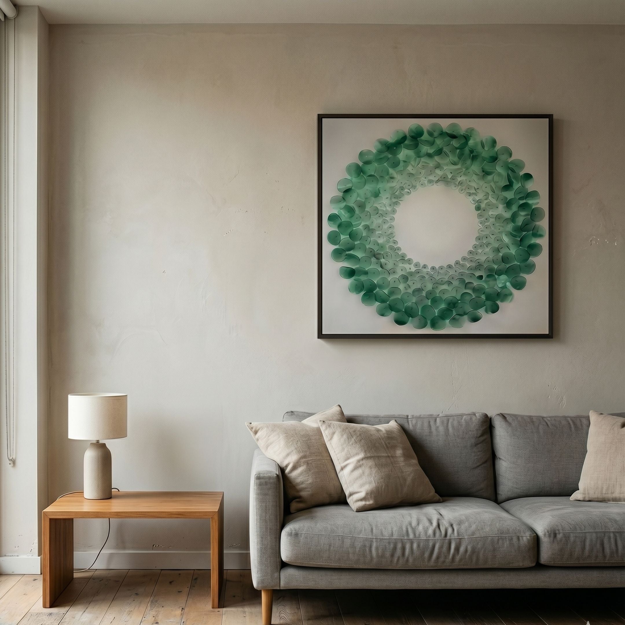 Maravue Green Petal Cluster Acrylic 3D Wall Art by Giant Sculptures displayed above a grey sofa beside a wooden side table with a lamp in a modern living room.