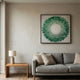 Maravue Green Petal Cluster Acrylic 3D Wall Art by Giant Sculptures displayed above a grey sofa beside a wooden side table with a lamp in a modern living room.