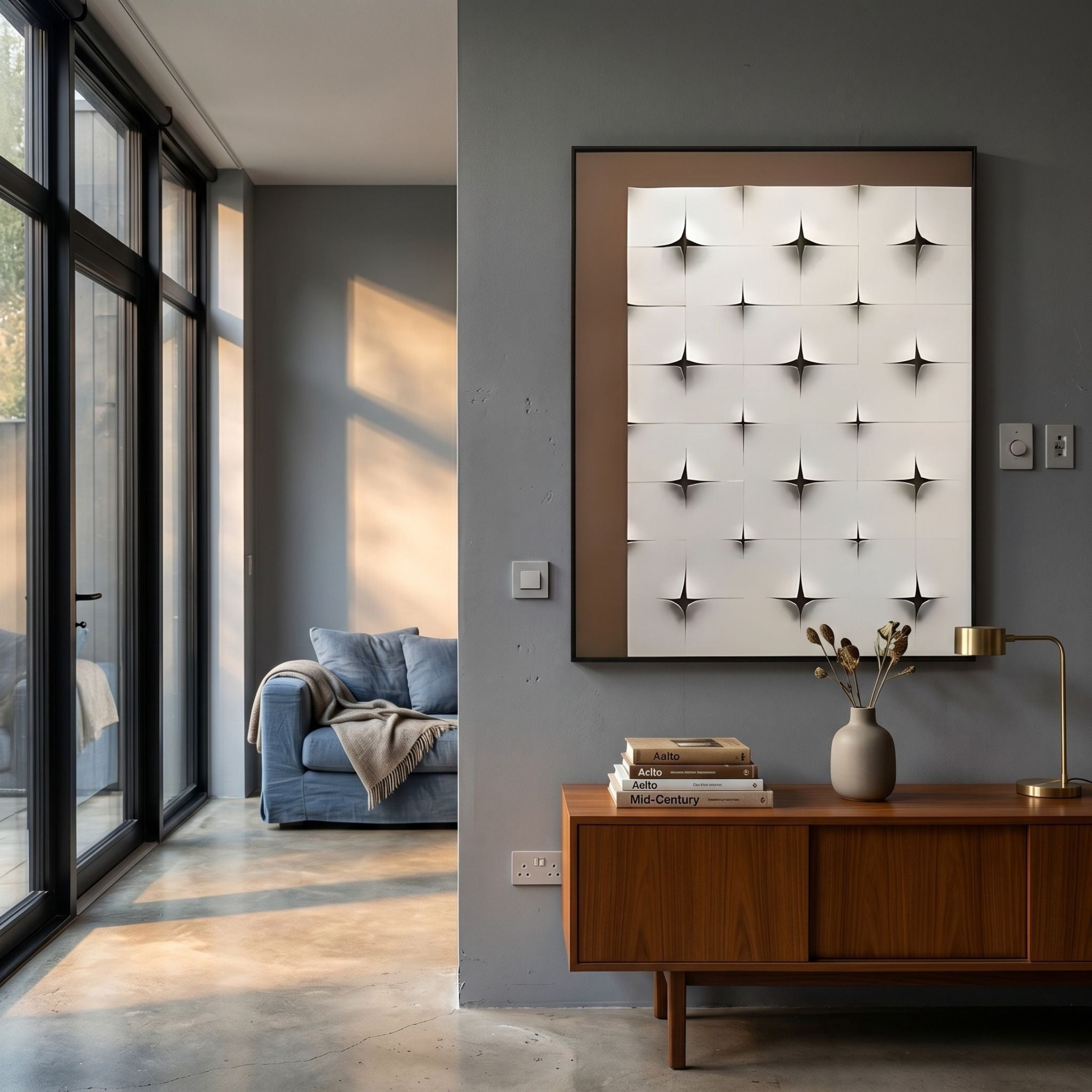 Stellure Taupe Brown & White Folded Acrylic 3D Wall Art by Giant Sculptures displayed above a teak sideboard in a modern grey living room with blue sofa.