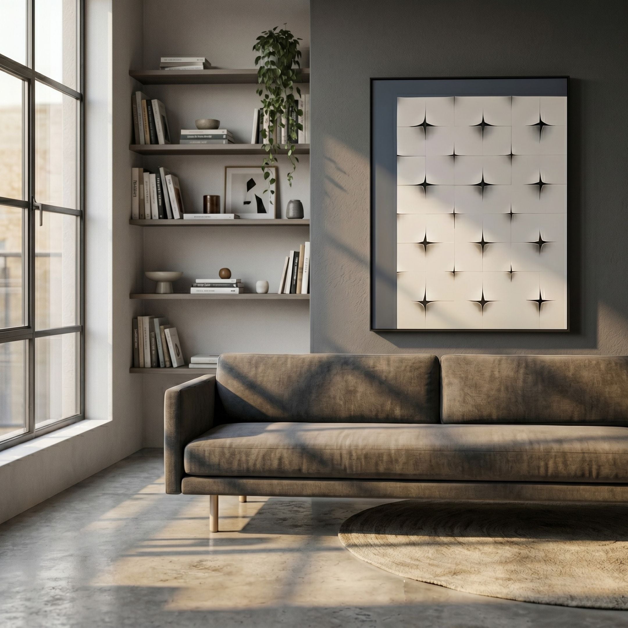 Stellure Slate Blue & White Folded Acrylic 3D Wall Art by Giant Sculptures displayed above a brown sofa in a sunlit living room with bookshelves.