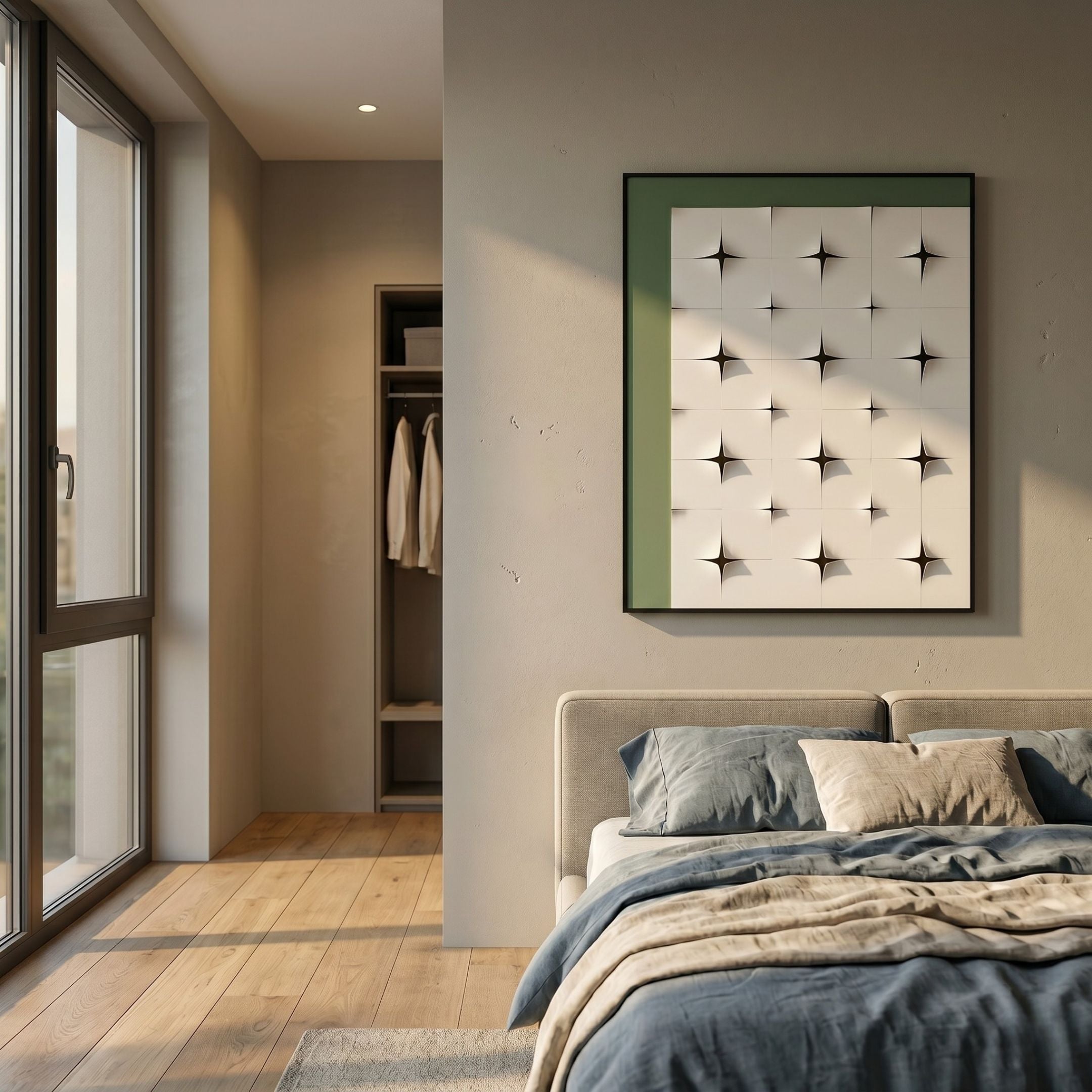 Stellure Slate Blue & White Folded Acrylic 3D Wall Art by Giant Sculptures displayed in a modern bedroom above a beige bed with blue linen, beside an open wardrobe.