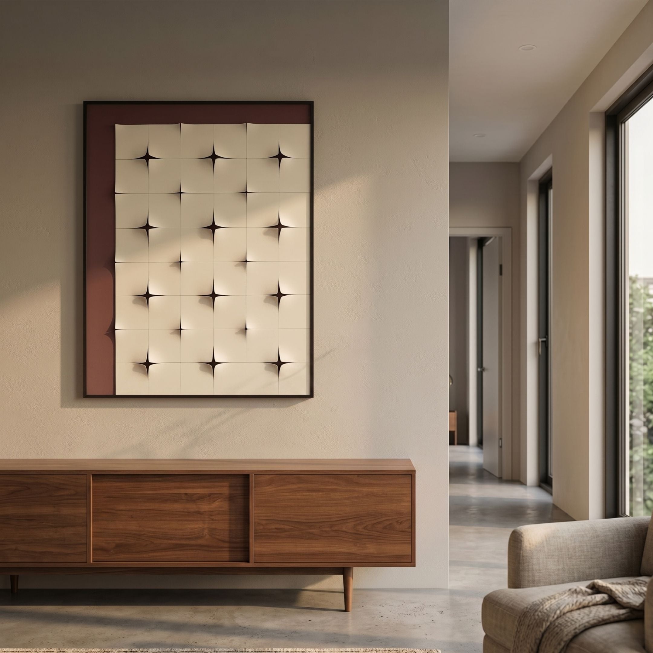 Stellure Rose Mauve & White Folded Acrylic 3D Wall Art by Giant Sculptures displayed above a walnut sideboard in a sunlit modern living room.