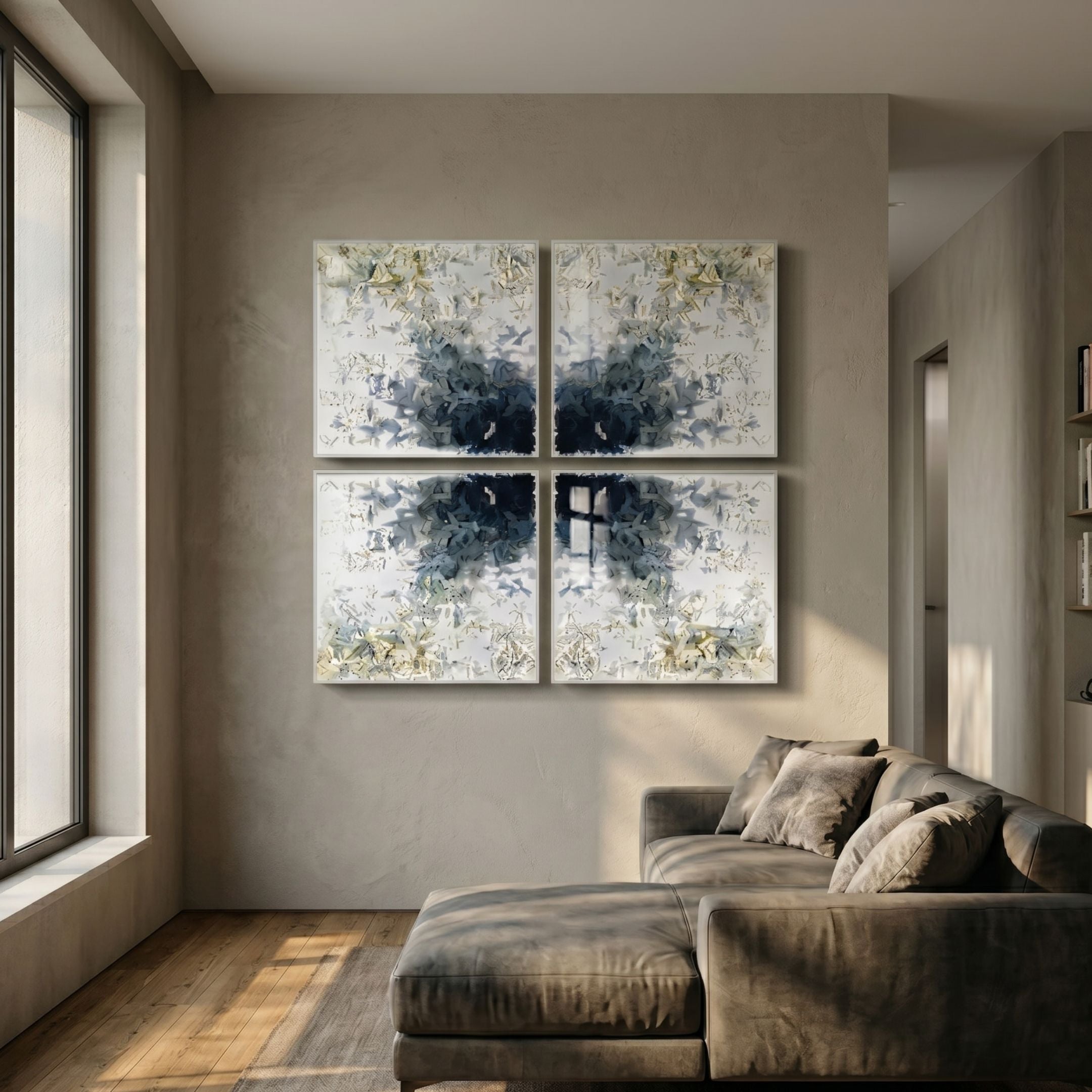 Volara Indigo Bloom Paper & Acrylic 3D Wall Art arranged as a four-panel grid of indigo, cream, and white butterfly forms above a taupe sofa in a sunlit living room.