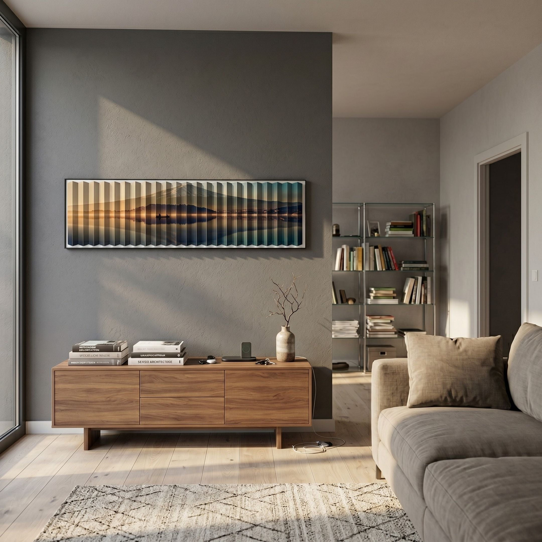 Foldscape Mount Fuji Reflection Acrylic 3D Wall Art by Giant Sculptures mounted above a walnut sideboard in a modern living room with grey walls and a beige sofa.