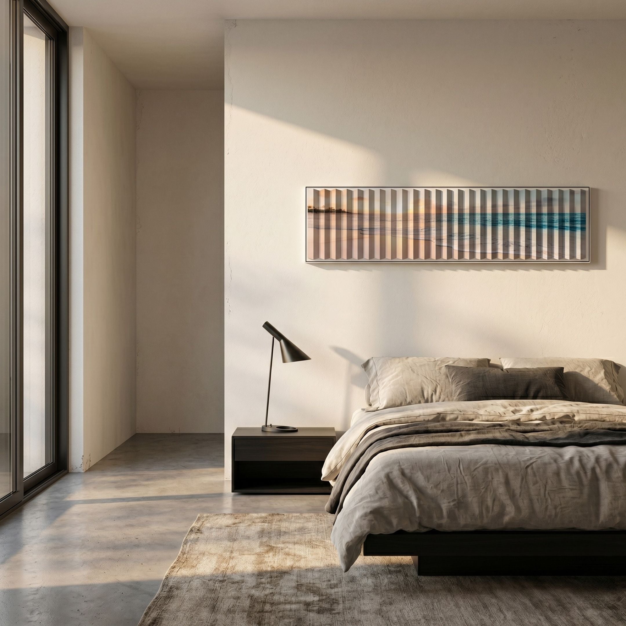 Foldscape Sunset Shoreline Acrylic 3D Wall Art by Giant Sculptures mounted above a dark bed with linen bedding in a minimalist concrete-floored bedroom.
