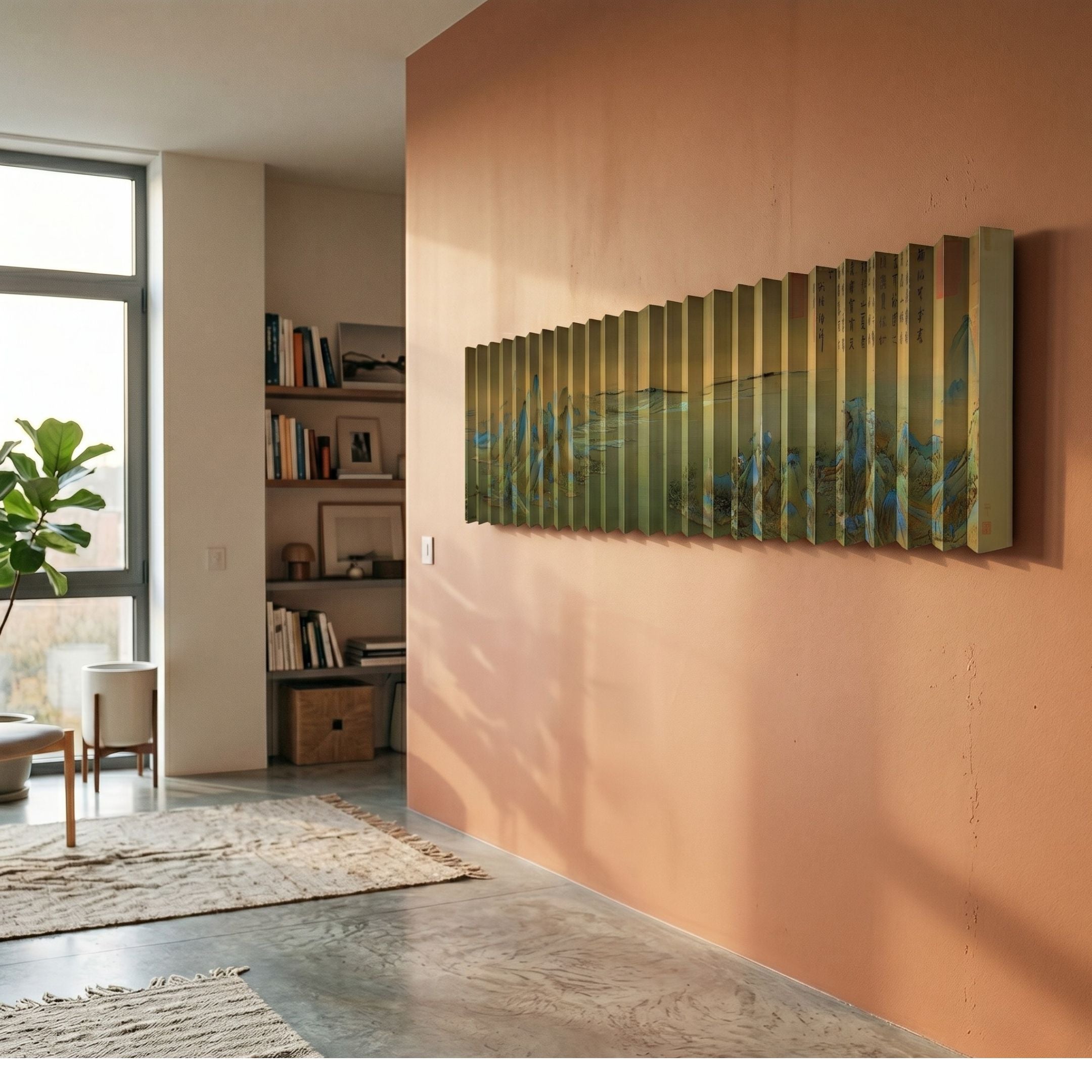 Foldscape Golden Mountains & River Acrylic 3D Wall Art by Giant Sculptures, mounted on a terracotta wall in a modern living room with bookshelves and plant.