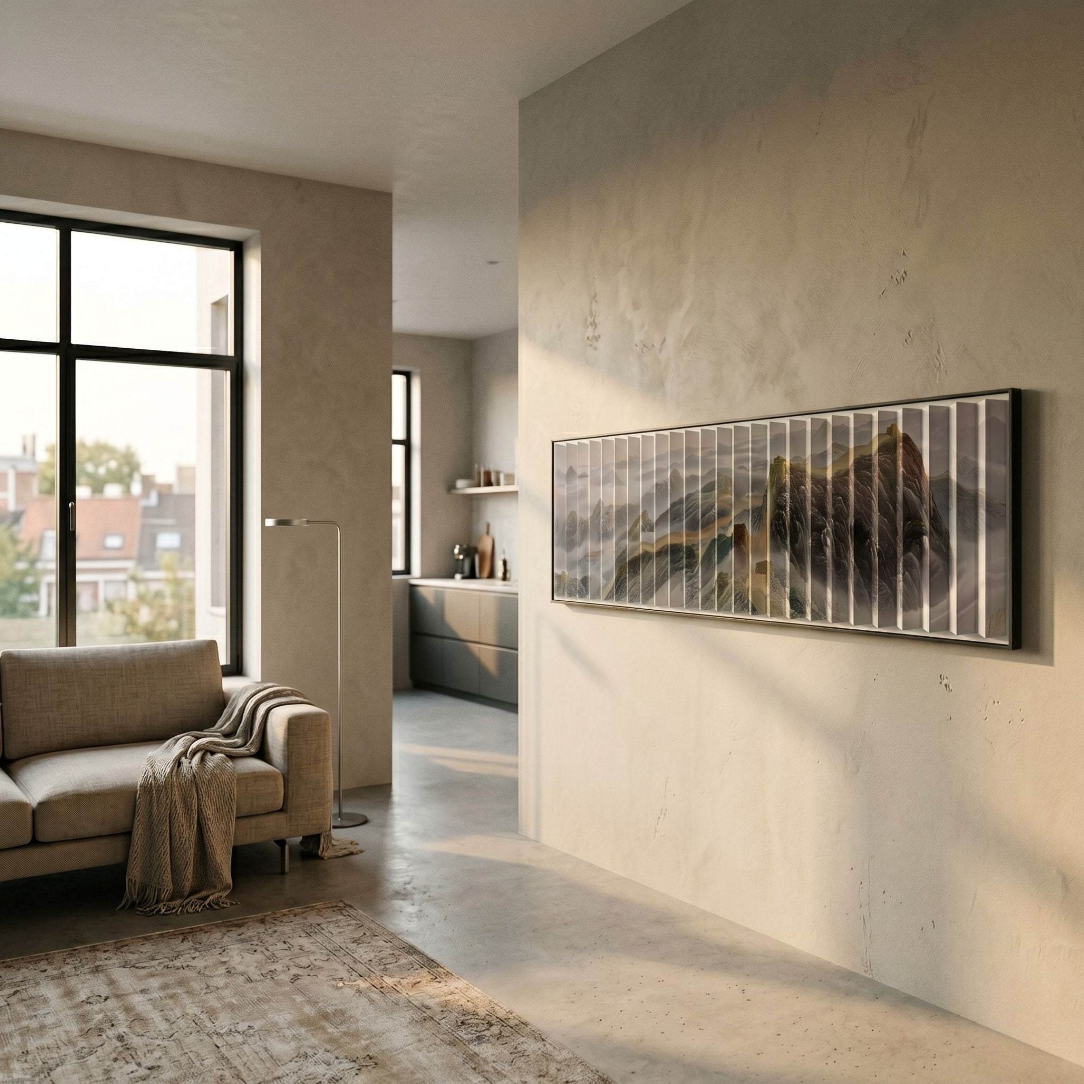 Foldscape Great Wall Landscape Acrylic 3D Wall Art by Giant Sculptures, panoramic misty mountain scene with vertical white bars, mounted in a modern living room.