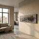 Foldscape Great Wall Landscape Acrylic 3D Wall Art by Giant Sculptures, panoramic misty mountain scene with vertical white bars, mounted in a modern living room.