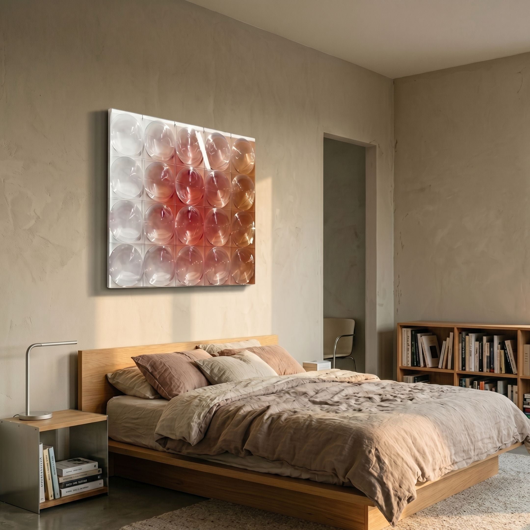 Dromara Rose Gradient Acrylic 3D Wall Art by Giant Sculptures mounted above a wooden bed in a beige plaster bedroom with bookshelf and nightstand.