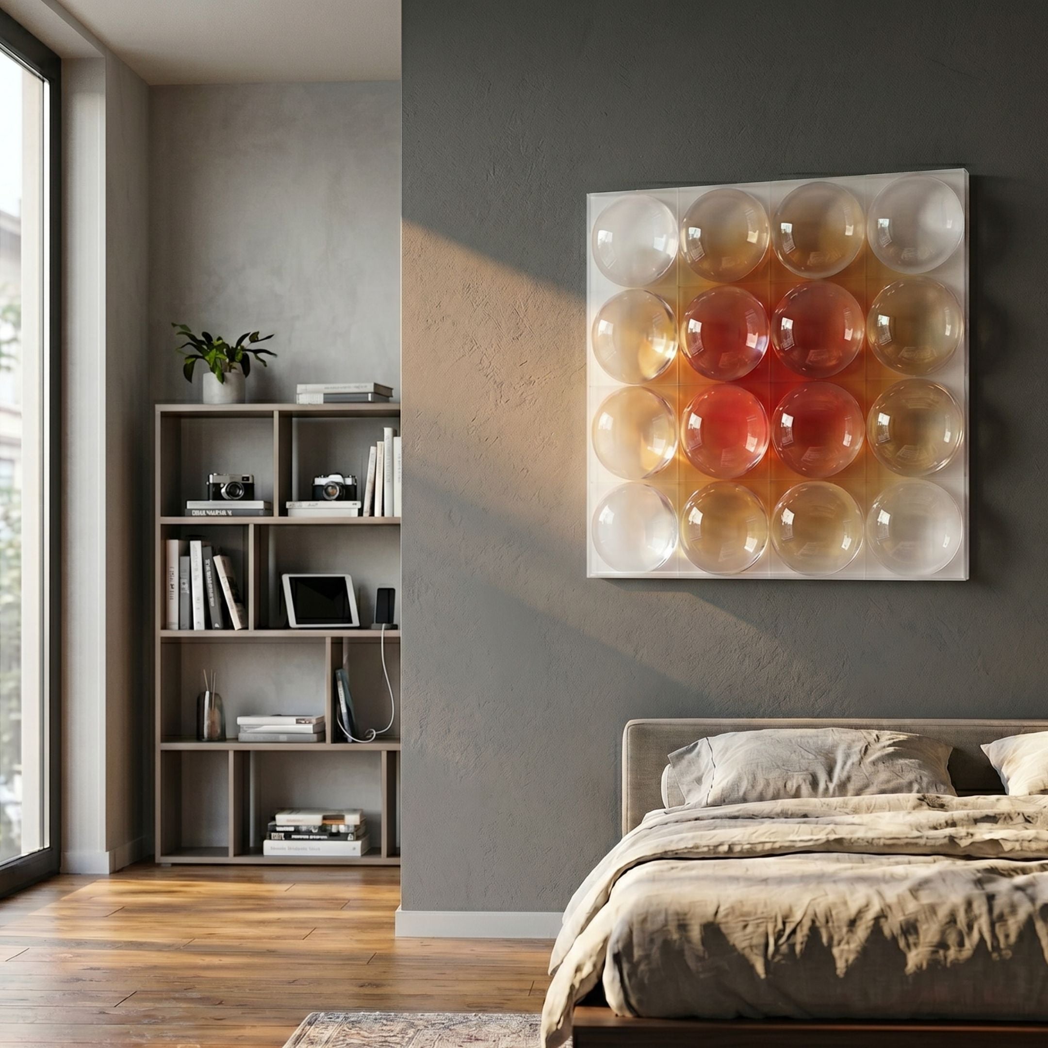 Dromara Sunset Fade Acrylic Square 3D Wall Art by Giant Sculptures, displayed on a dark grey bedroom wall above a linen bed beside a shelving unit.