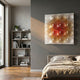 Dromara Sunset Fade Acrylic Square 3D Wall Art by Giant Sculptures, displayed on a dark grey bedroom wall above a linen bed beside a shelving unit.